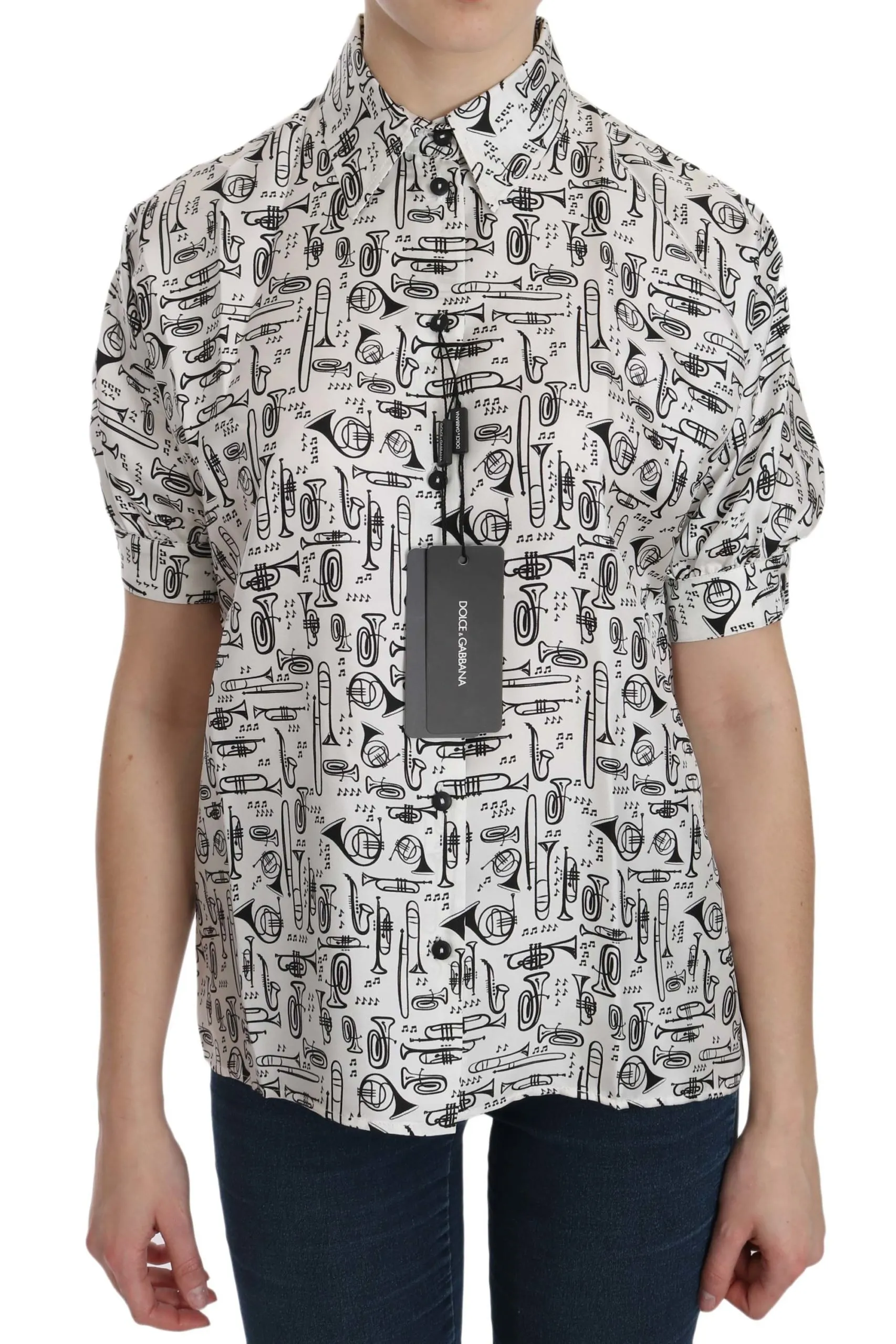 Dolce & Gabbana Women's Musical Instrument Print Silk Collared Top