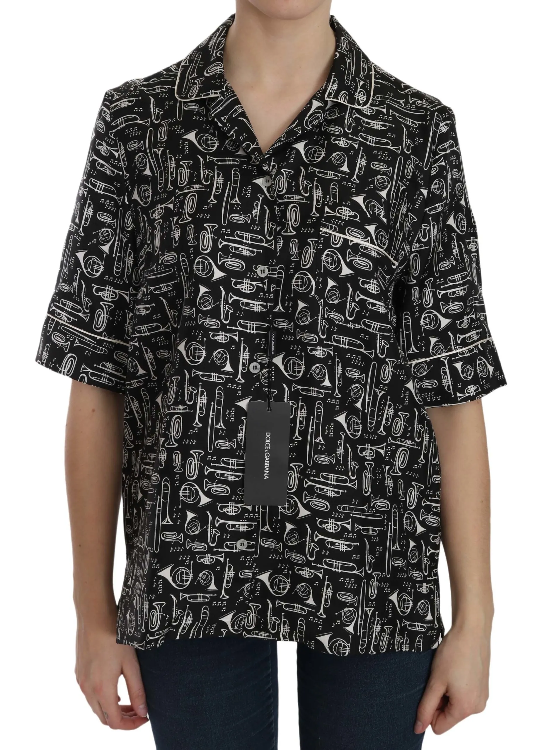 Dolce & Gabbana Women's Musical Instrument Silk Collared Top