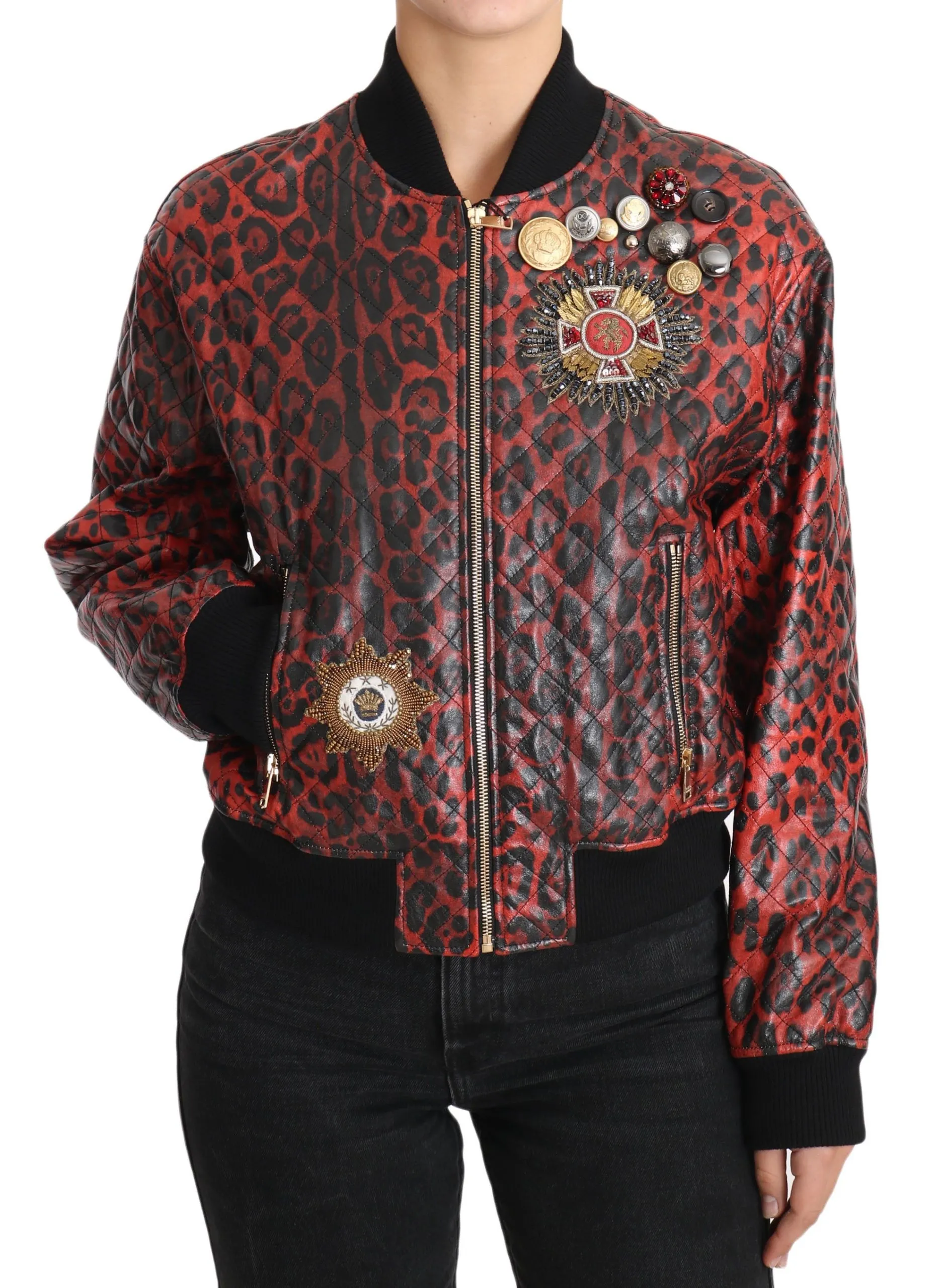 Dolce & Gabbana Women's Red Leopard Bomber Leather Jacket with Crystal Buttons