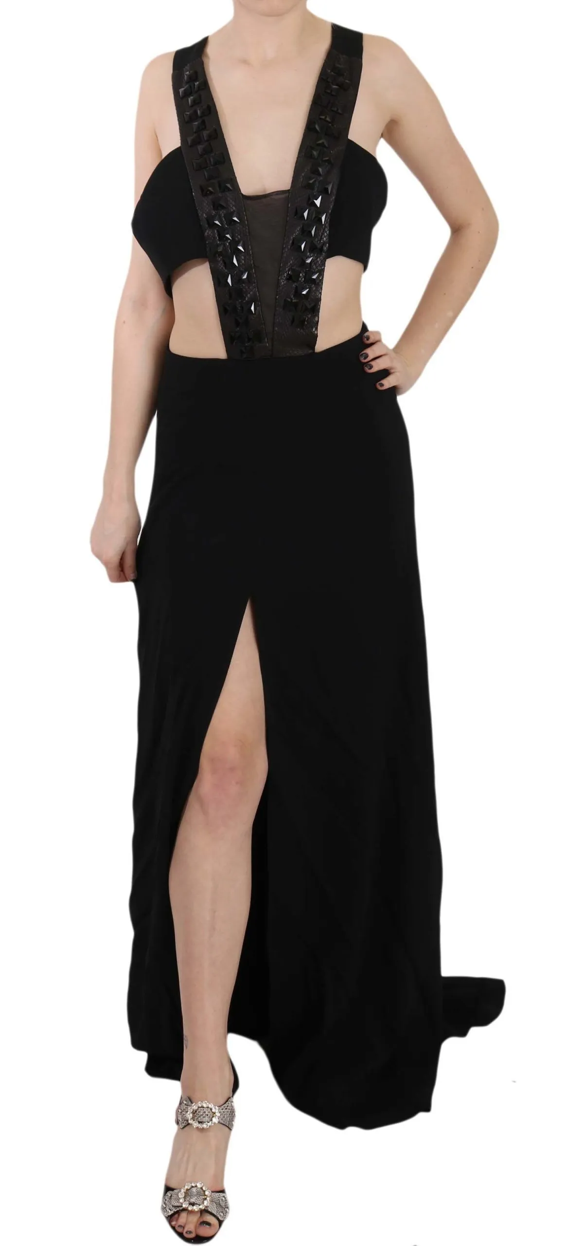 John Richmond Women's Elegant Flare Maxi Evening Dress with Crystal Accents