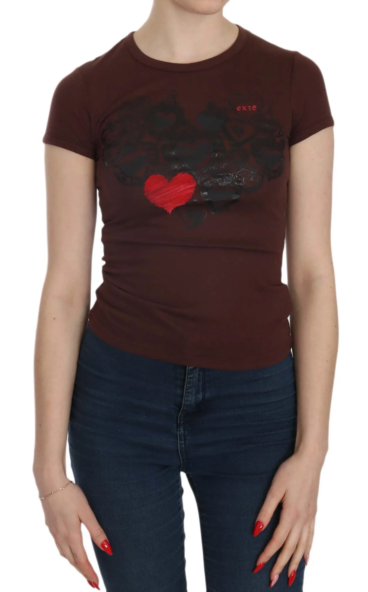 Exte Women's Chic Brown Hearts Print Crew Neck Blouse