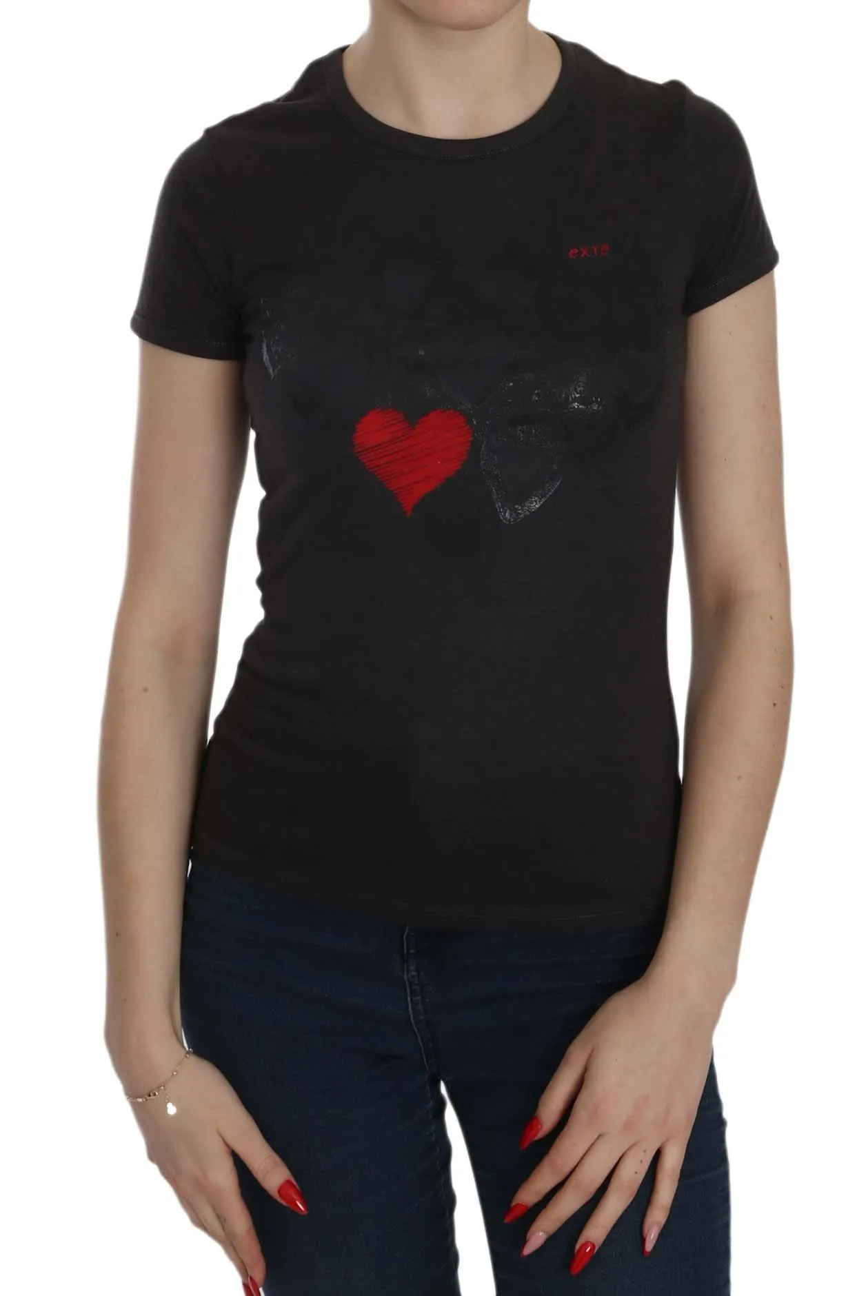 Exte Women's Black Hearts Print Crew Neck Blouse