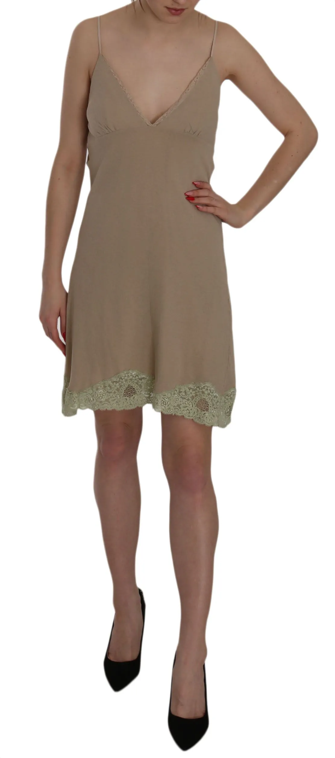 PINK MEMORIES Women's Elegant Beige Lace Spaghetti Strap Mini Dress