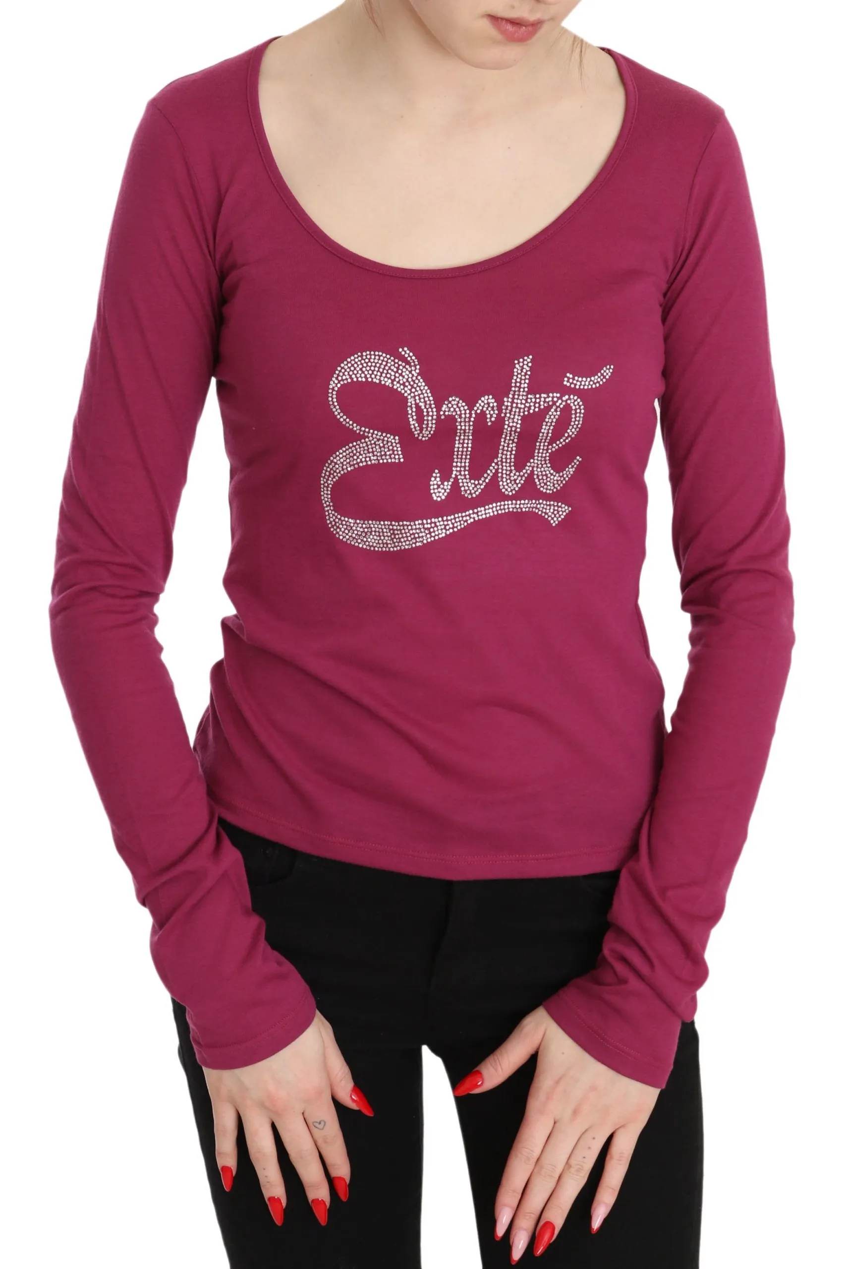Exte Women's Elegant Pink Crystal Embellished Long Sleeve Top