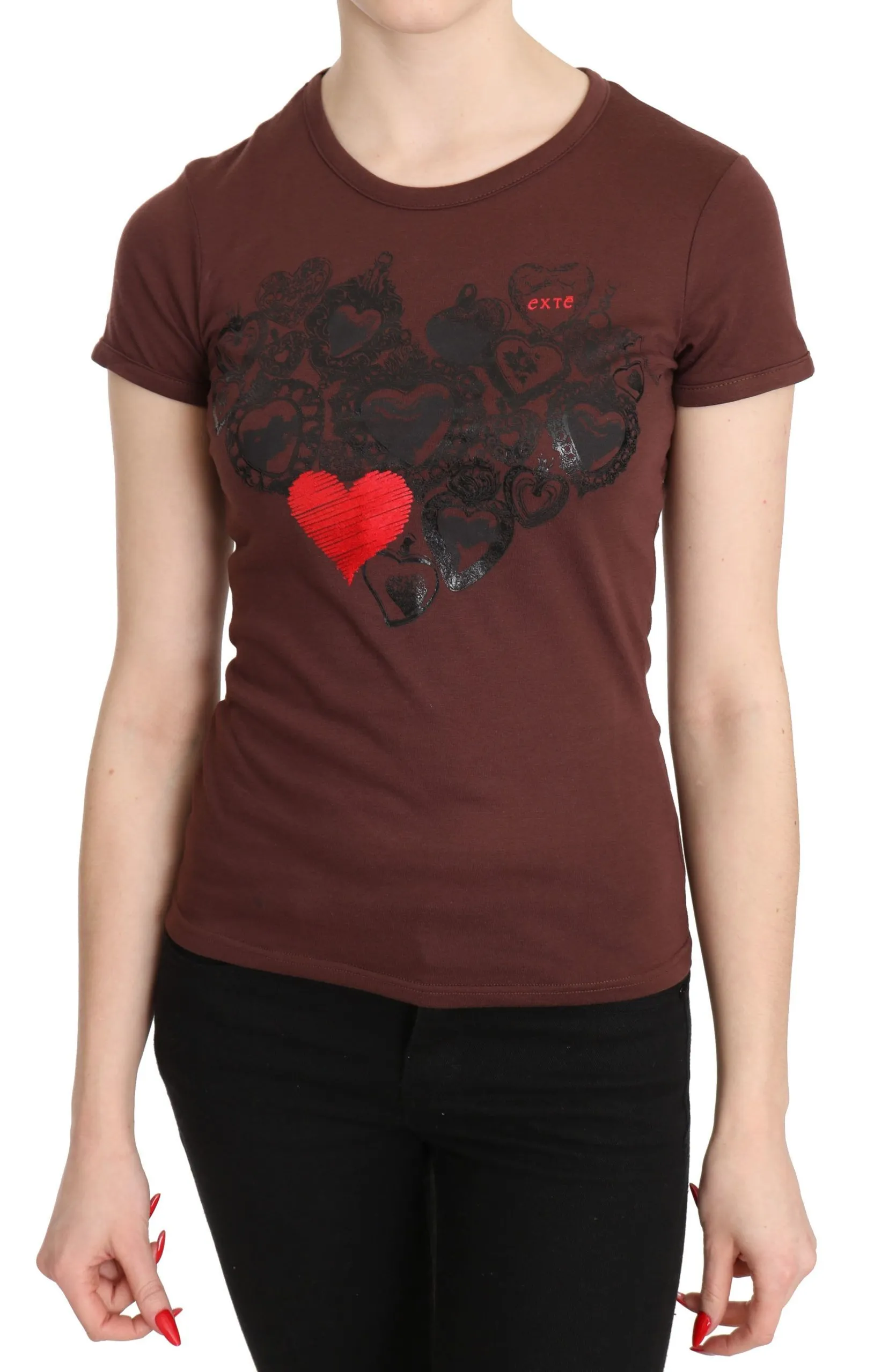 Exte Women's Chic Brown Hearts Printed Short Sleeve Top