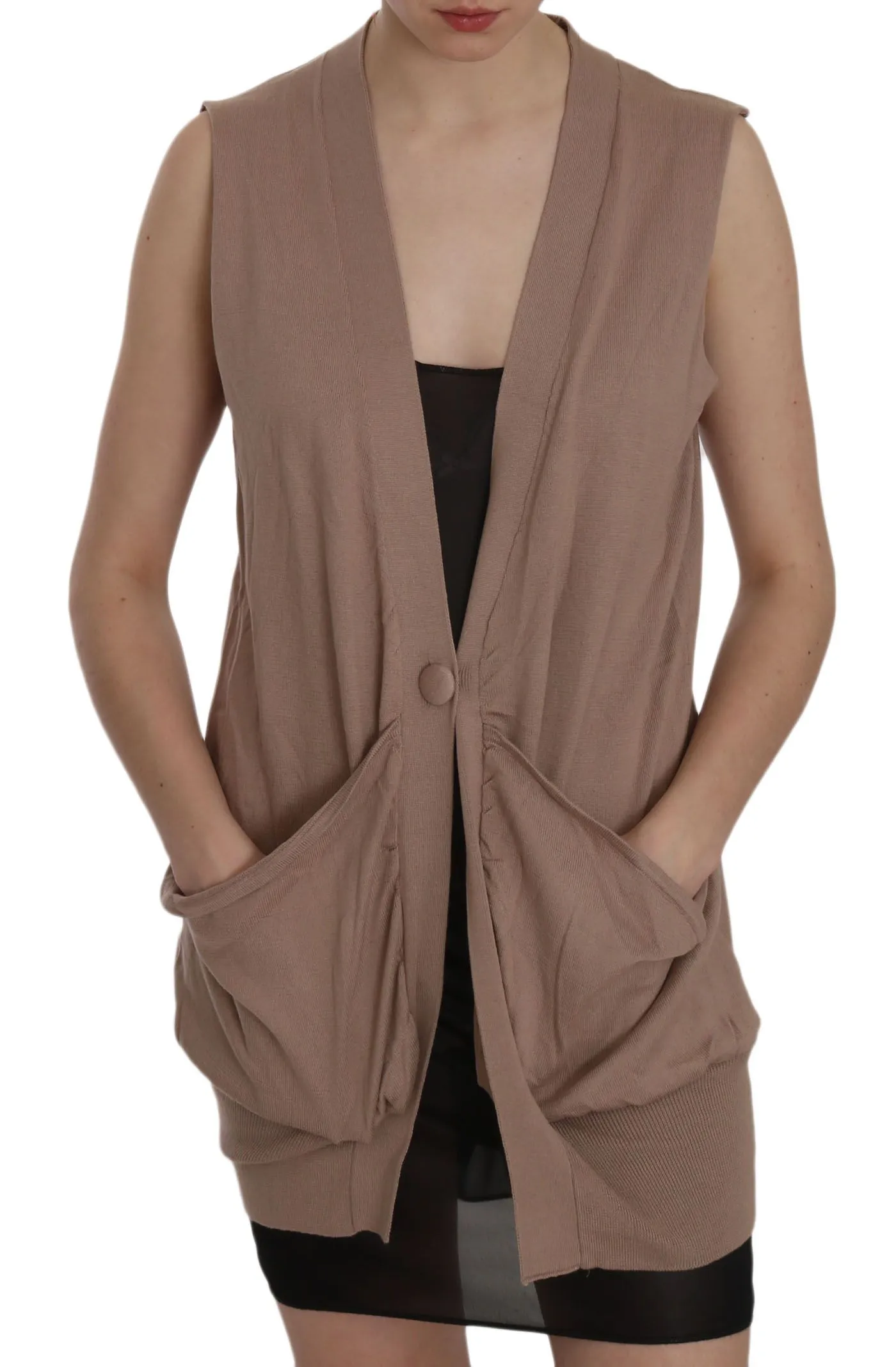 PINK MEMORIES Women's Chic Sleeveless Cotton Cardigan Vest - Elegant Brown