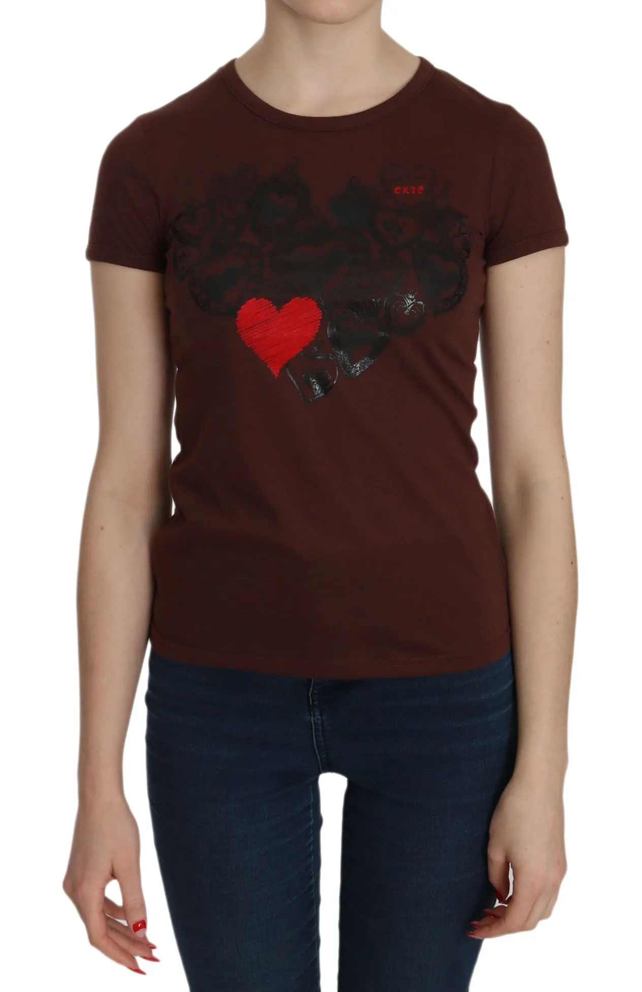 Exte Women's Chic Brown Heart Print Crew Neck Top