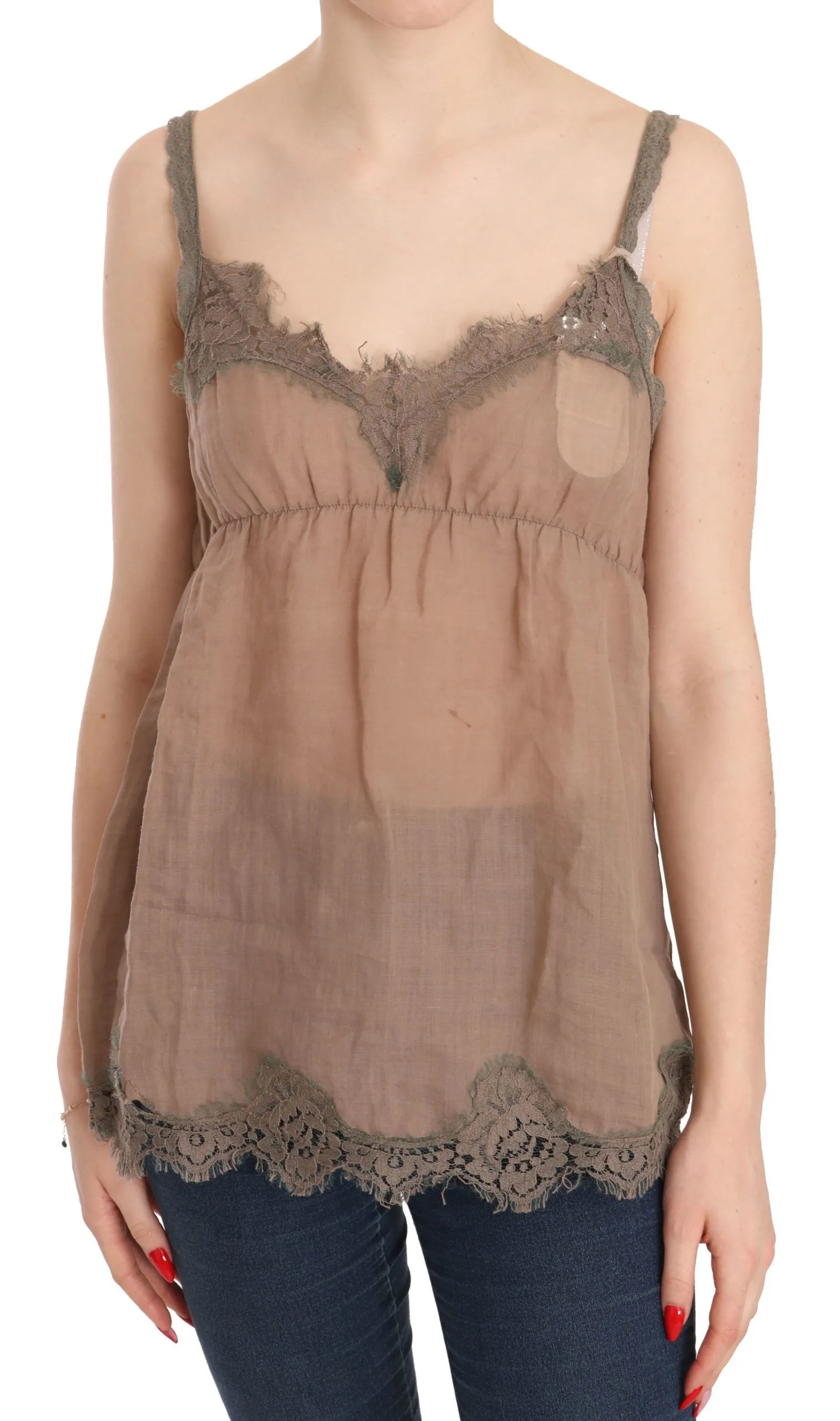 PINK MEMORIES Women's Elegant Lace Brown Linen Blouse