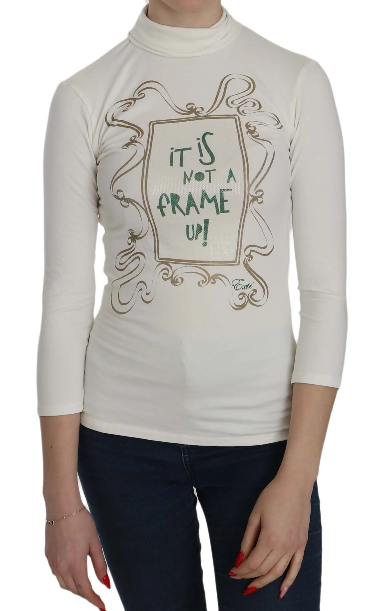 Exte Women's Chic White Printed Turtle Neck Blouse