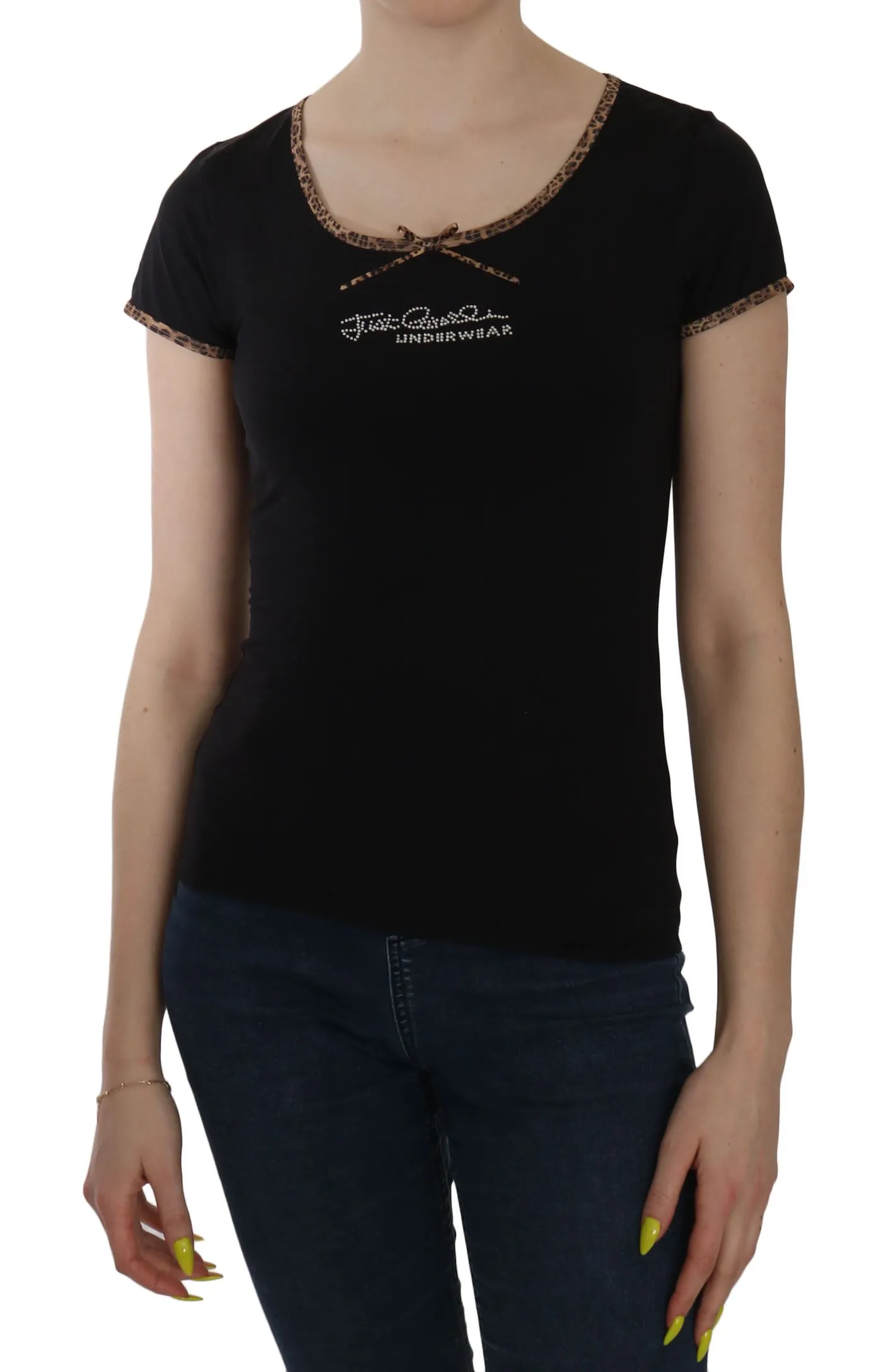Just Cavalli Women's Elegant Black Beaded Short Sleeve Top