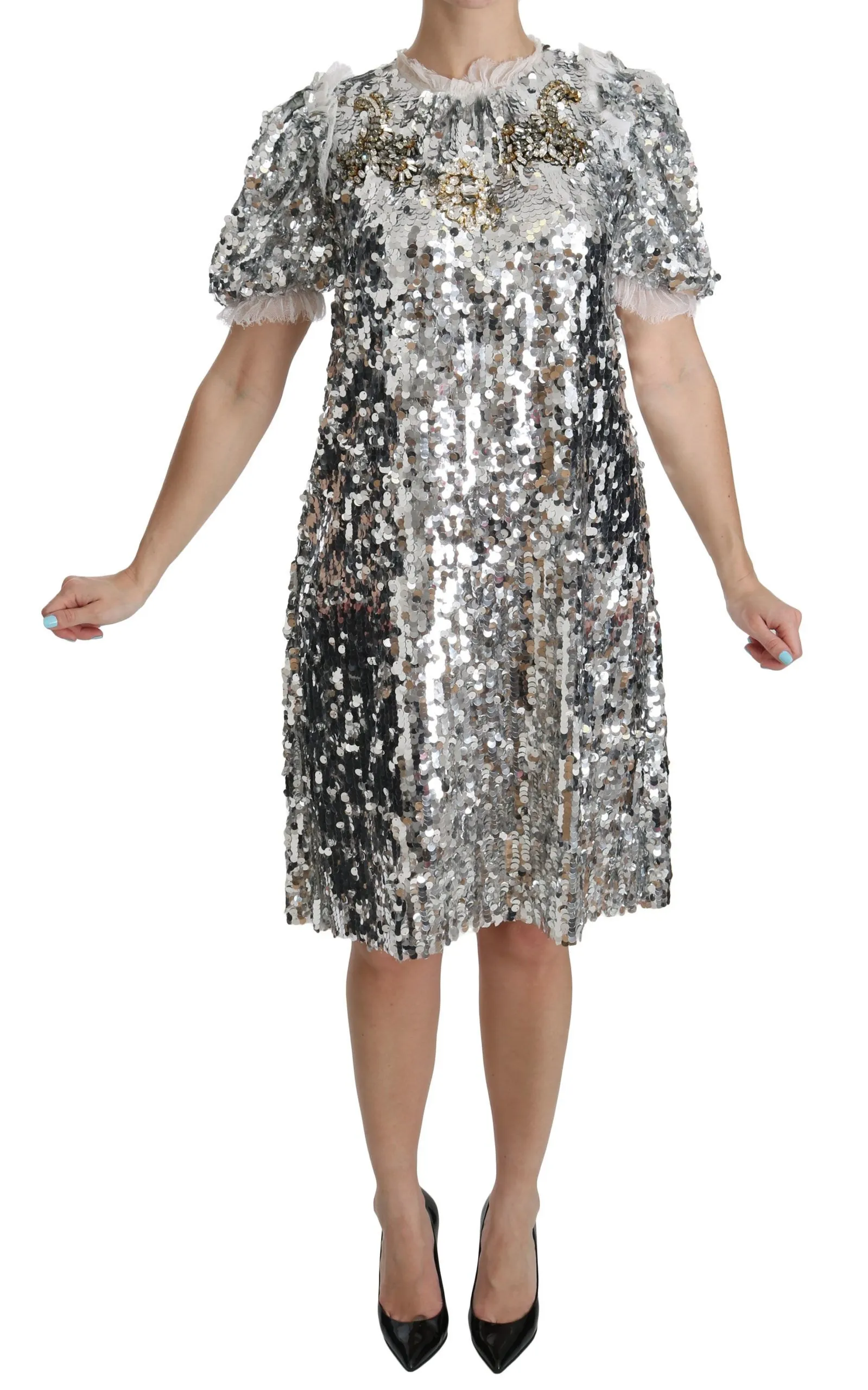 Dolce & Gabbana Women's Elegant Silver A-Line Dress with Crystal Accents