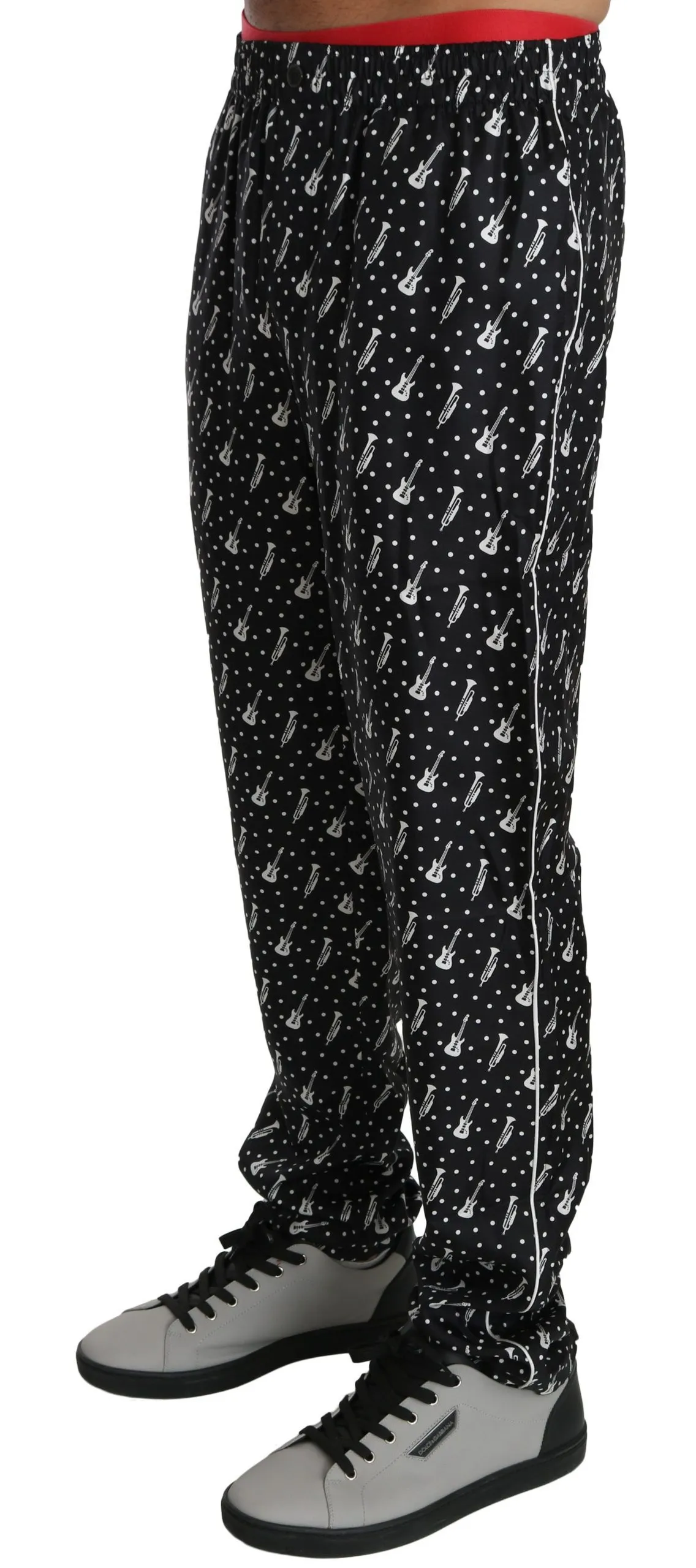 Dolce & Gabbana Men's Elegant Black Musical Instrument Print Silk Pants