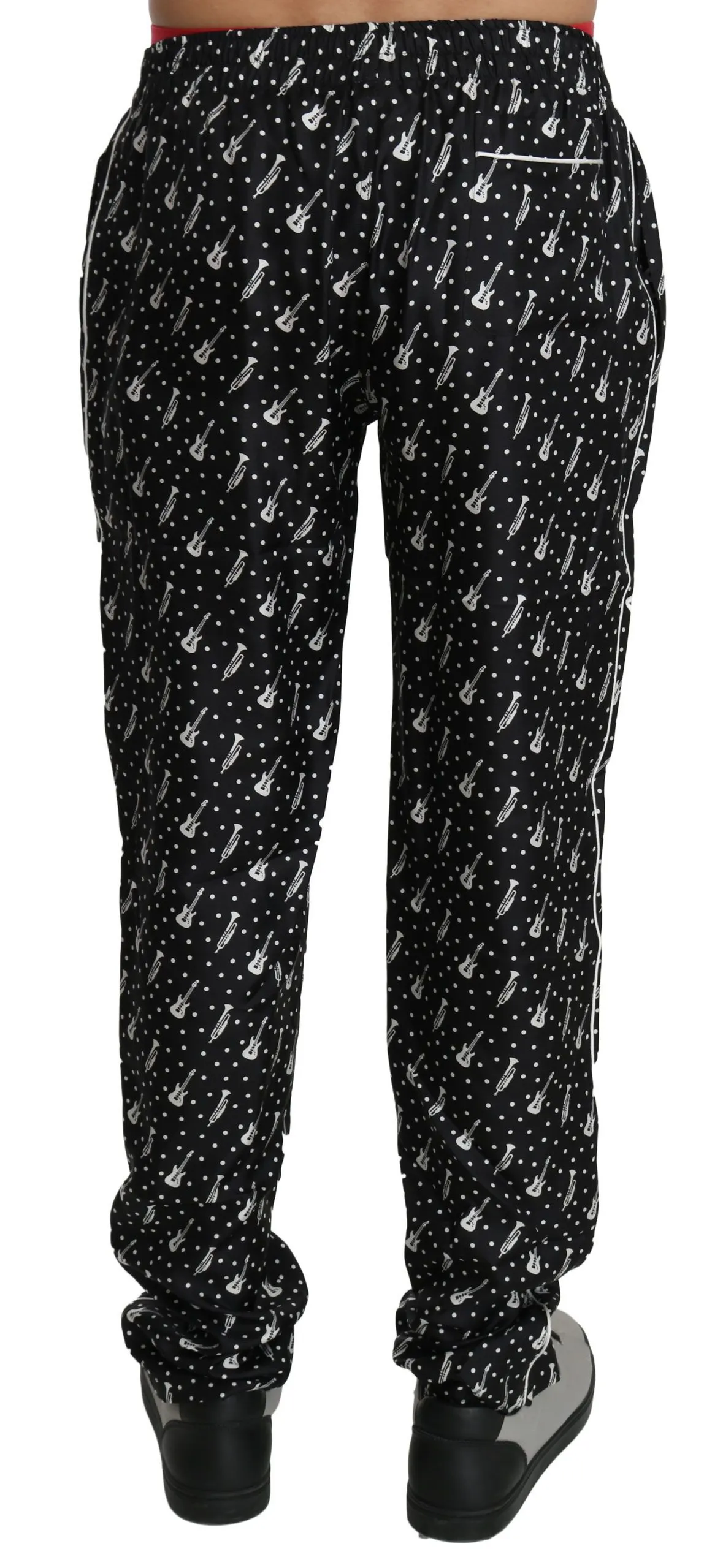 Dolce & Gabbana Men's Elegant Black Musical Instrument Print Silk Pants