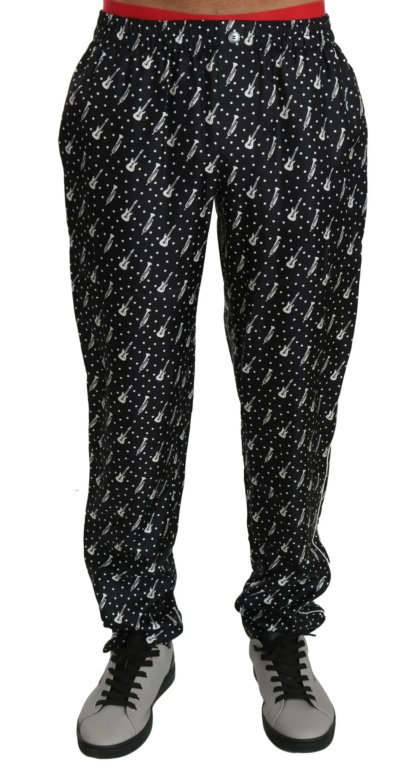 Dolce & Gabbana Men's Elegant Black Musical Instrument Print Silk Pants