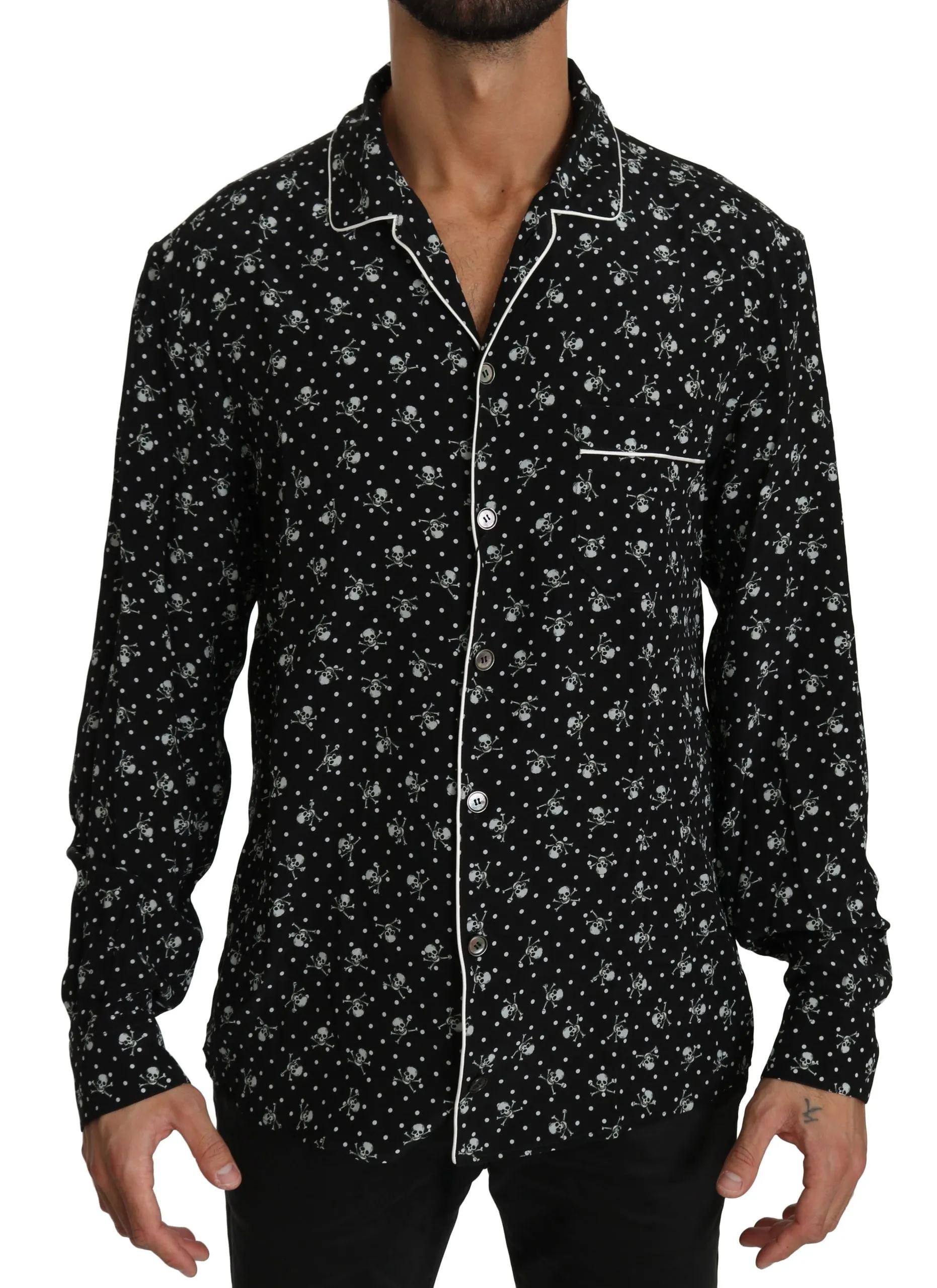 Dolce & Gabbana Men's Elegant Silk Pajama Shirt with Skull Print