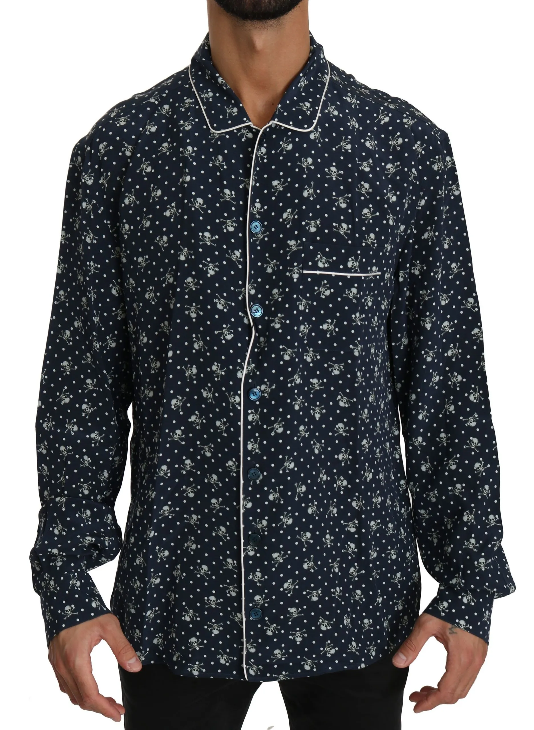 Dolce & Gabbana Men's Silken Elegance: Blue Skull Print Lounge Shirt