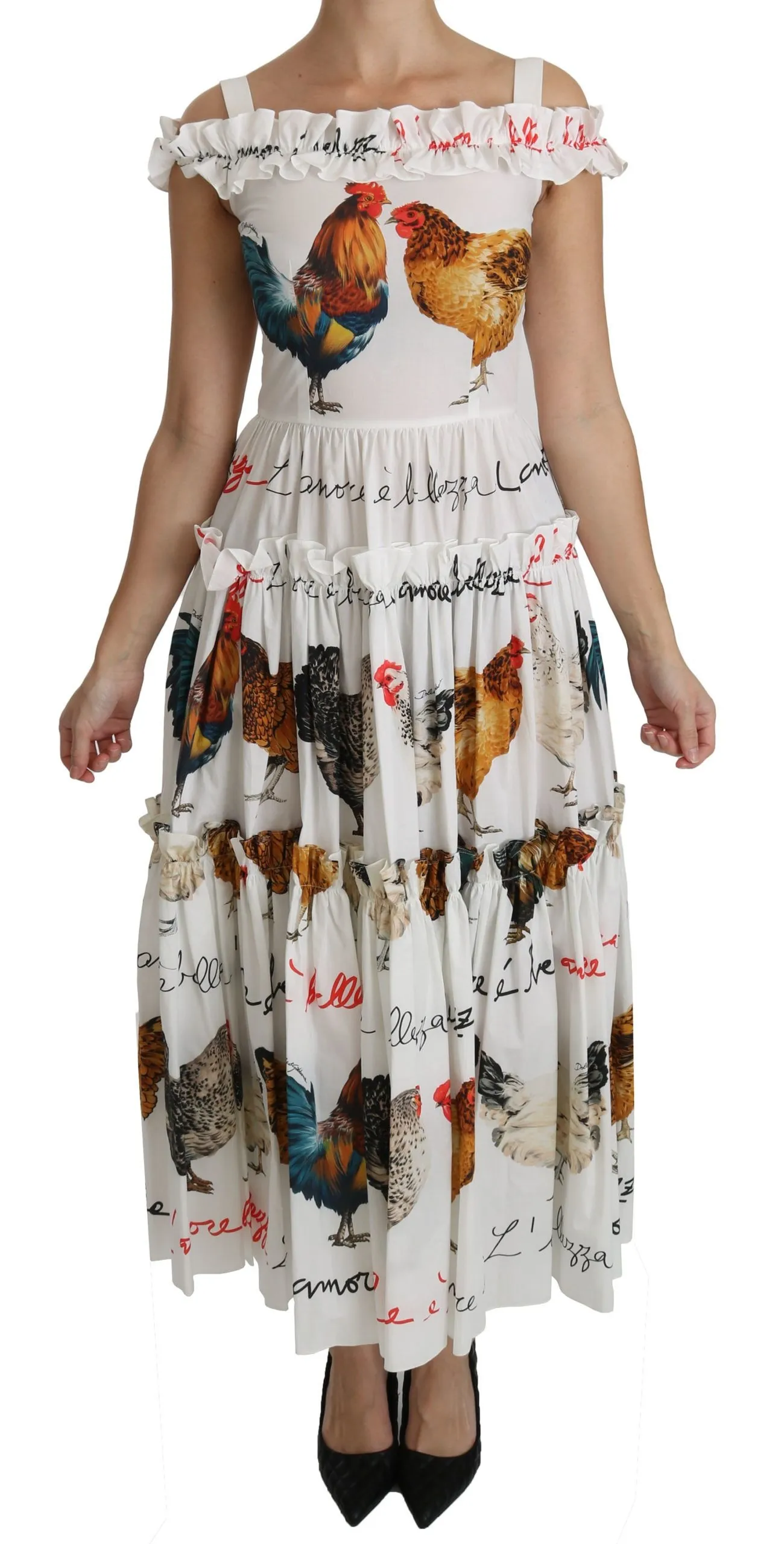 Dolce & Gabbana Women's Elegant White Rooster Print Sheath Midi Dress