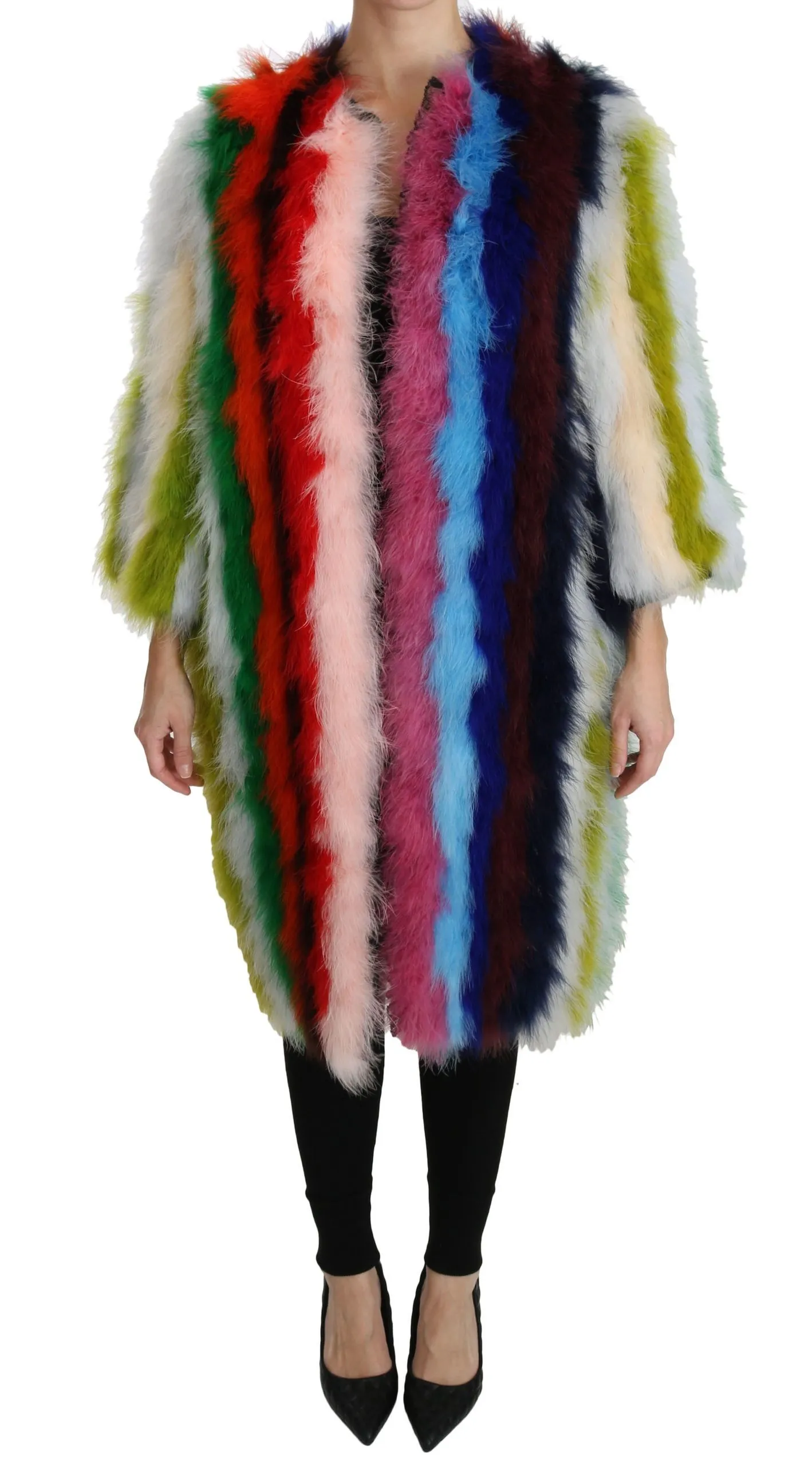 Dolce & Gabbana Women's Elegant Multicolor Feather Long Coat Jacket