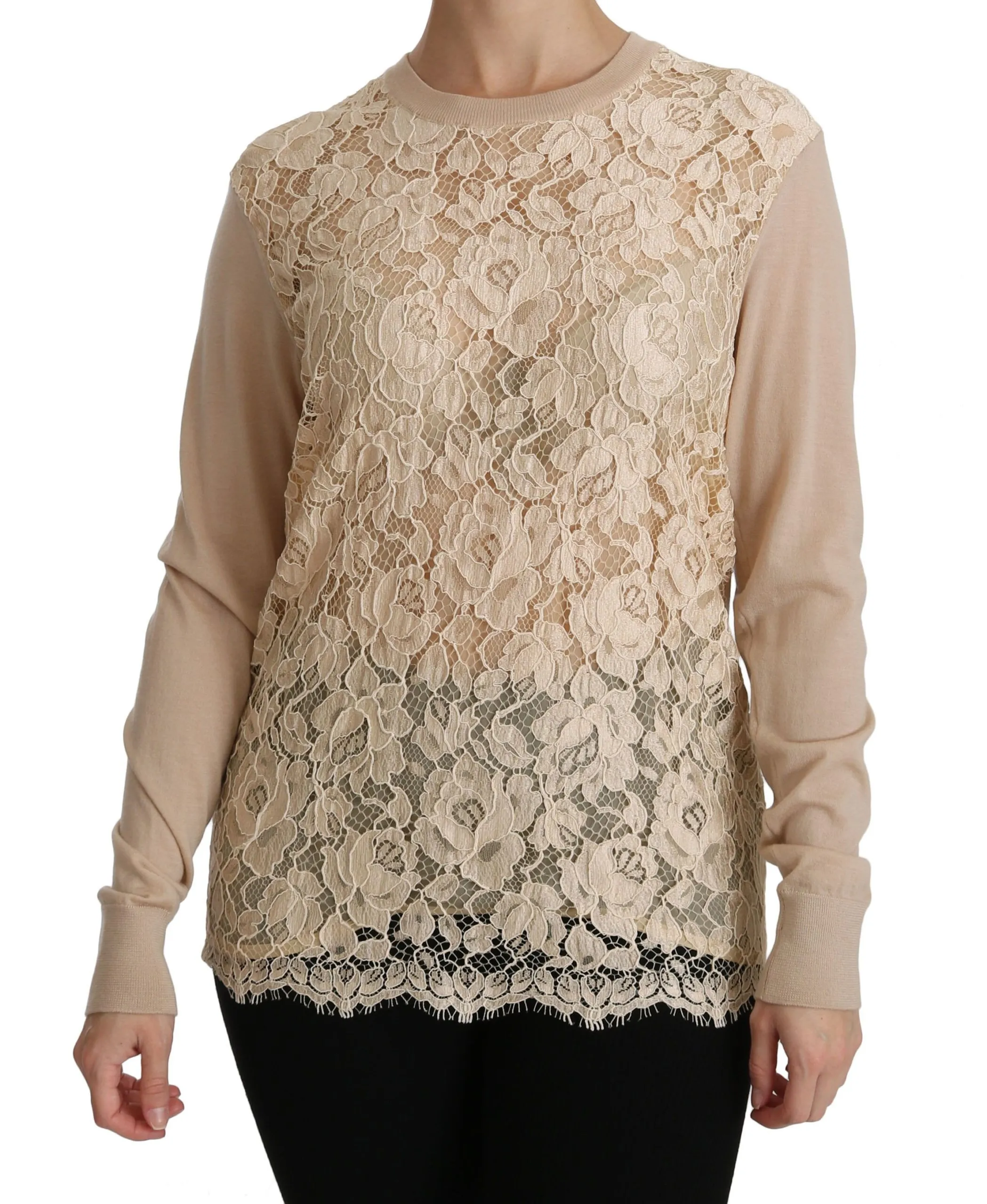 Dolce & Gabbana Women's Elegant Beige Lace Crew Neck Cashmere Blouse