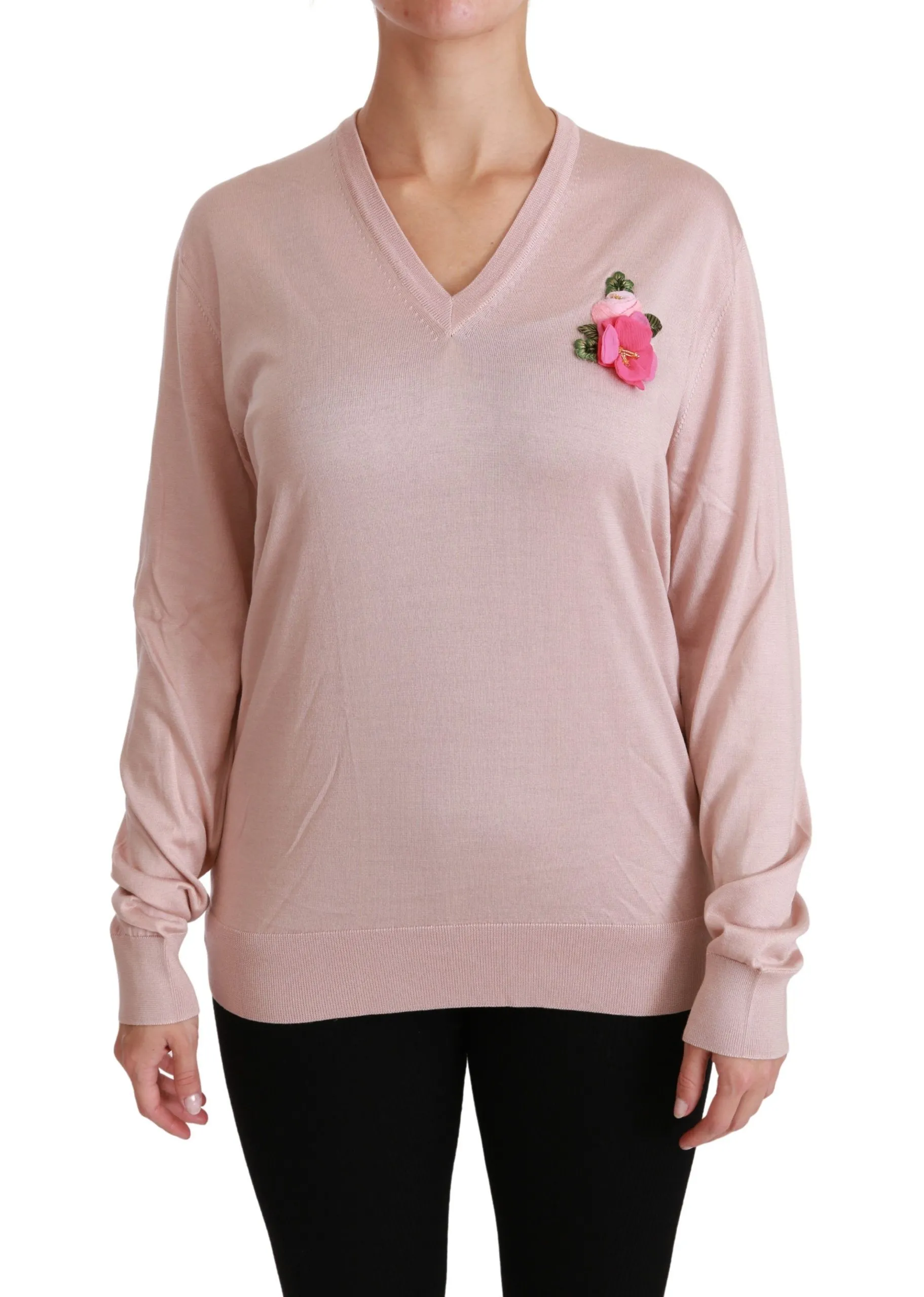 Dolce & Gabbana Women's Pink Floral Silk V-Neck Sweater
