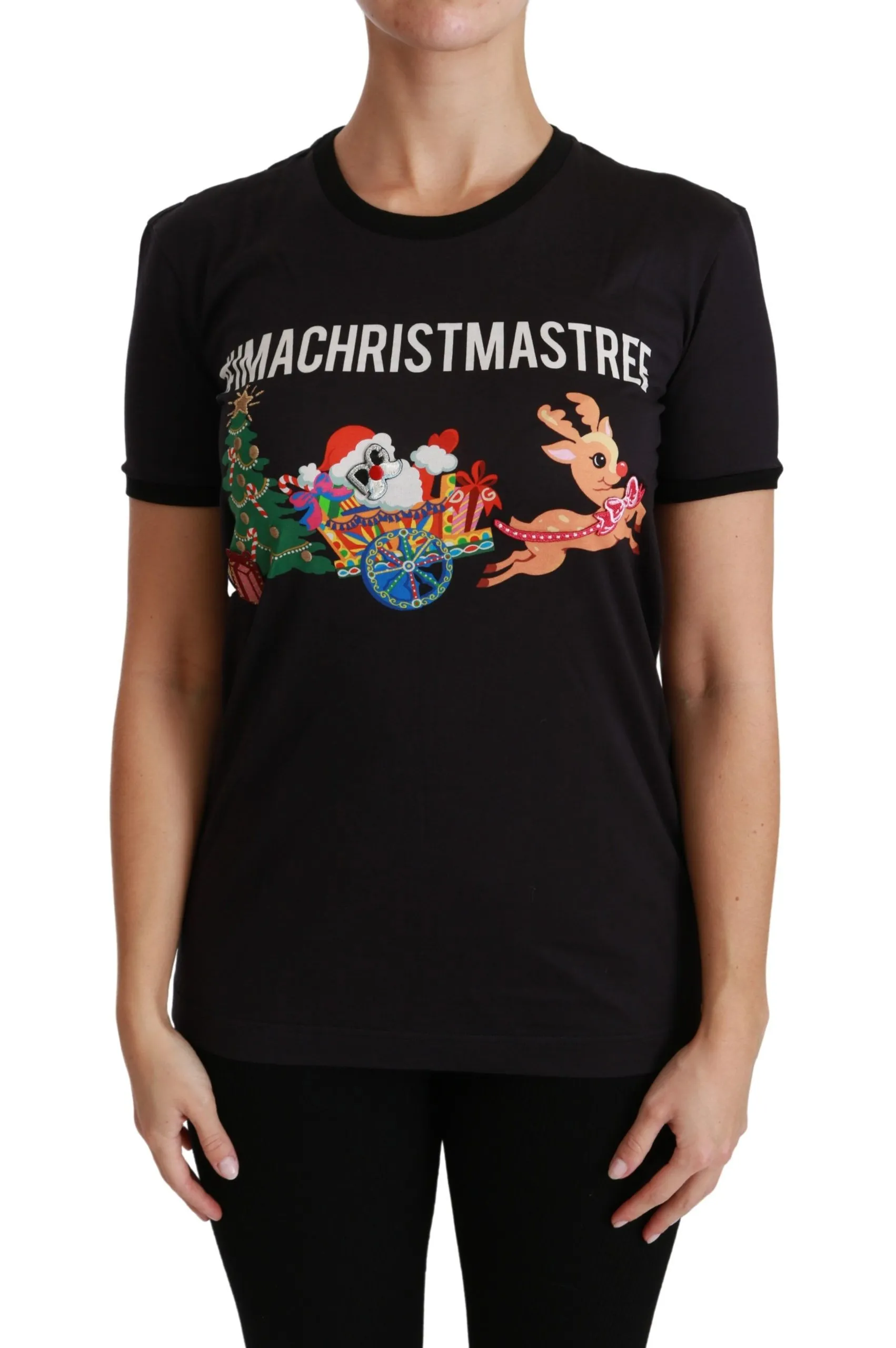 Dolce & Gabbana Women's Black Cotton Crewneck Tee with Unique Print