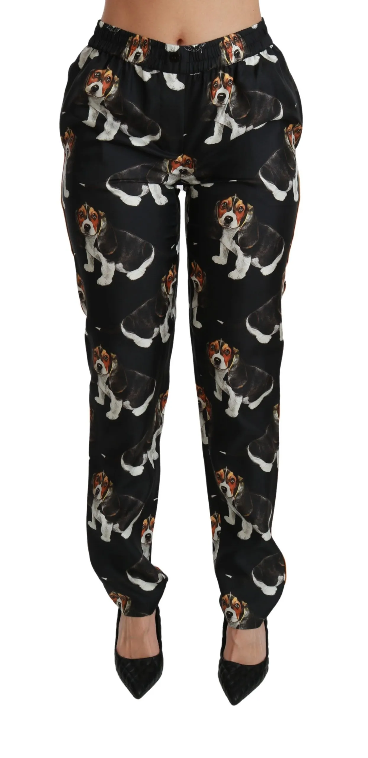 Dolce & Gabbana Women's Elegant Silk Puppy Dog Print Pants