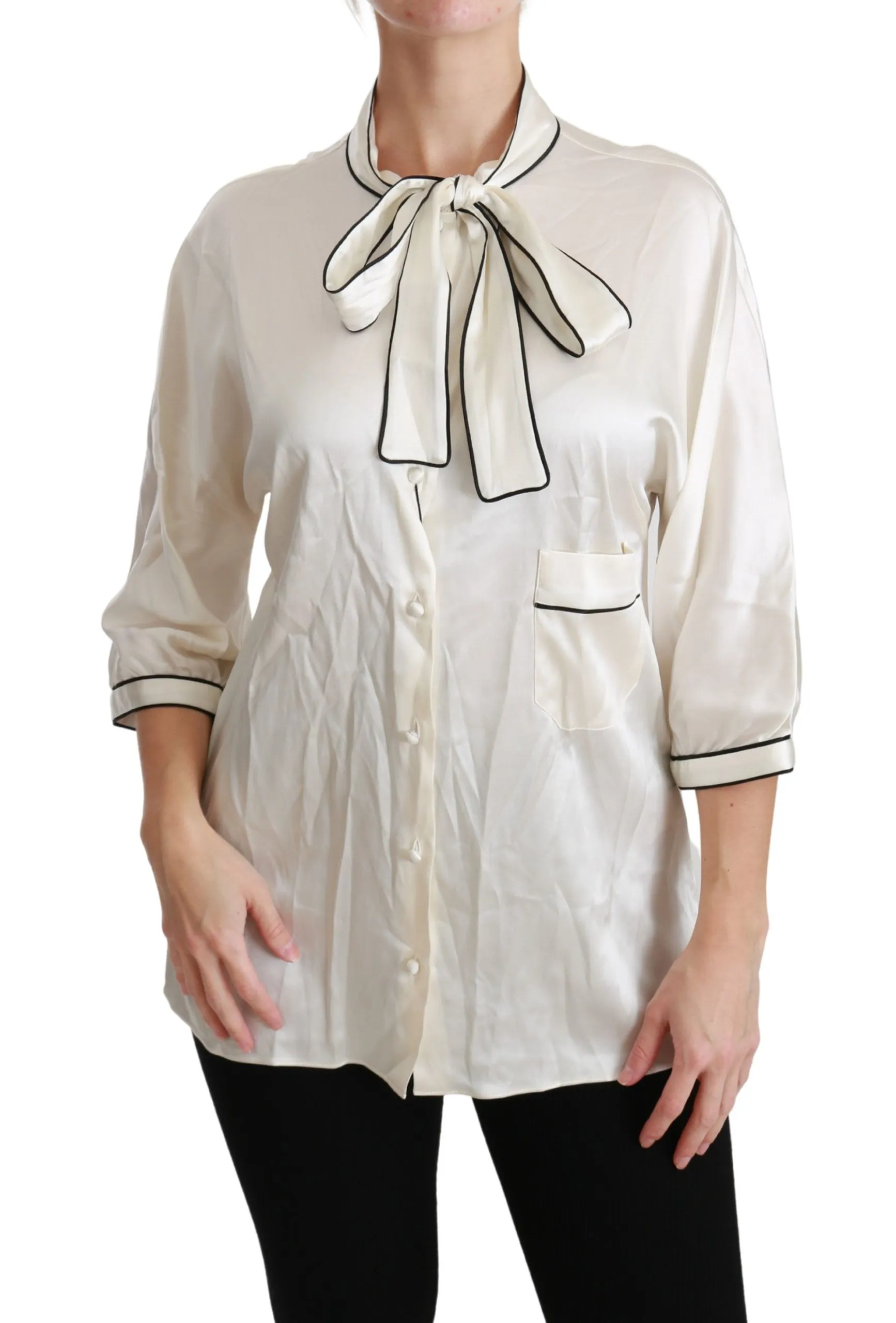 Dolce & Gabbana Women's Elegant Beige Silk Blouse with Bow Scarf