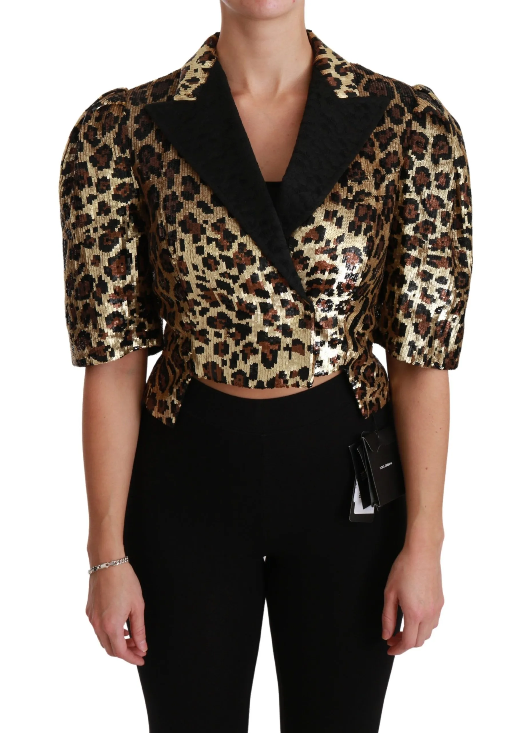 Dolce & Gabbana Women's Gold Leopard Print Short Sleeve Blazer