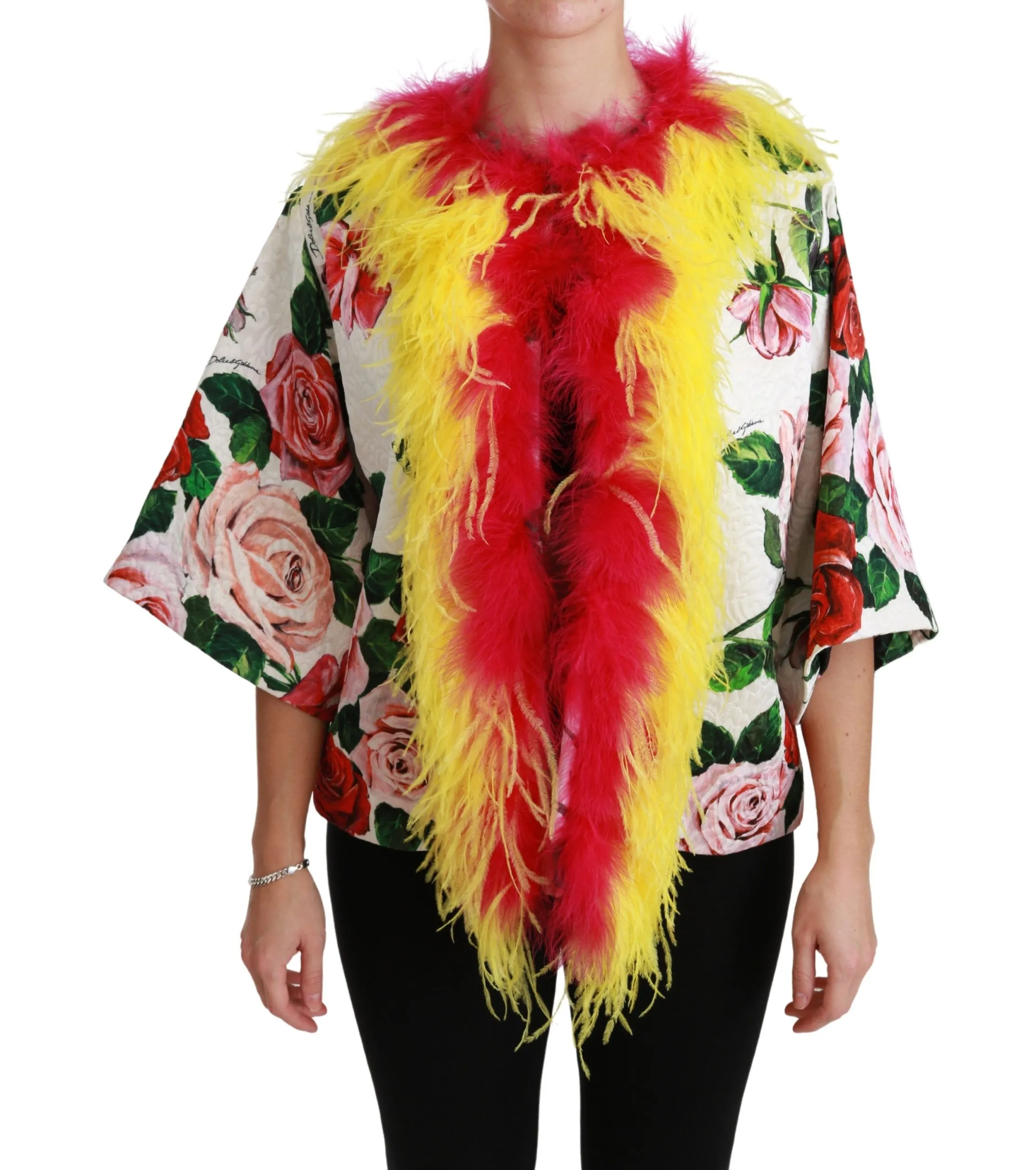 Dolce & Gabbana Women's Elegant Floral Cape Jacket with Fur Details