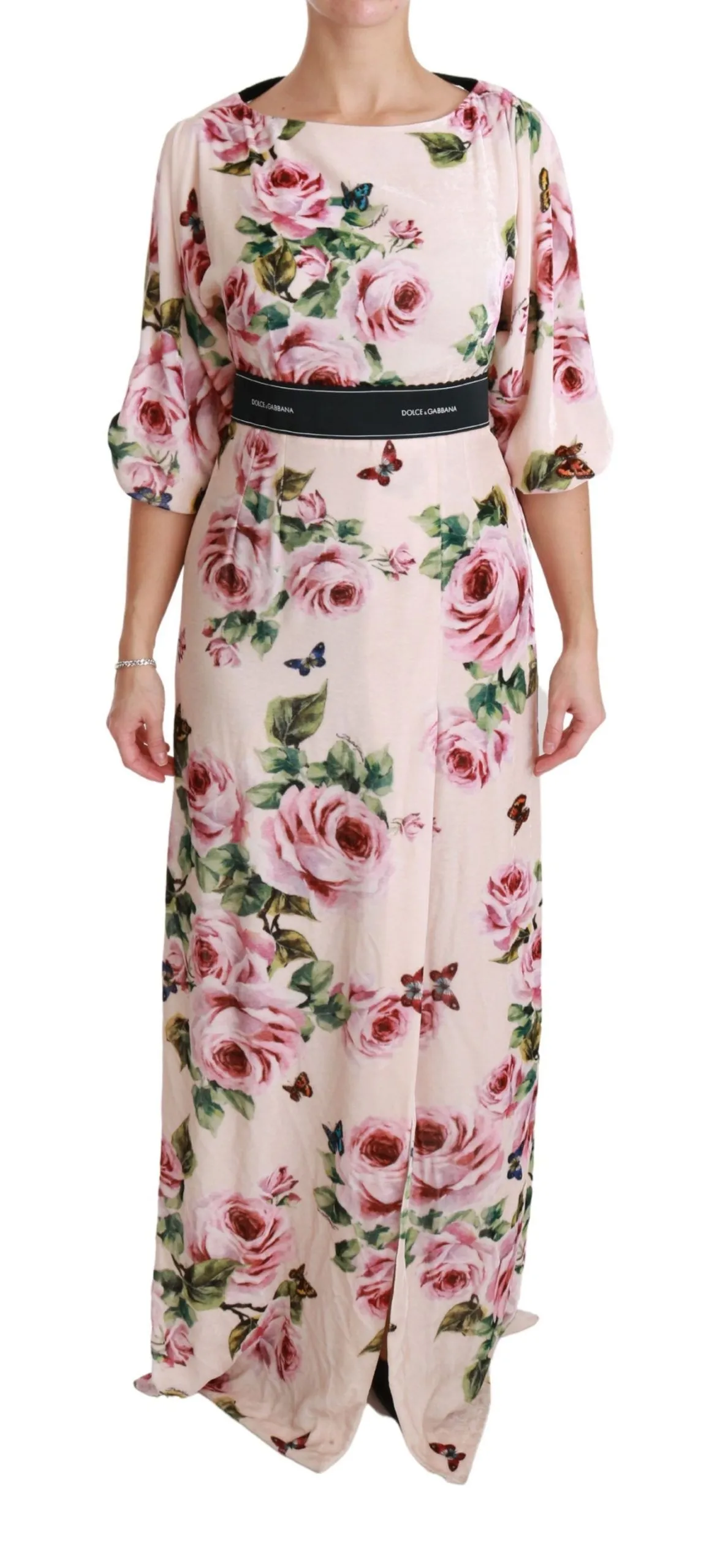 Dolce & Gabbana Women's Elegant Pink Velvet Rose Print Maxi Dress