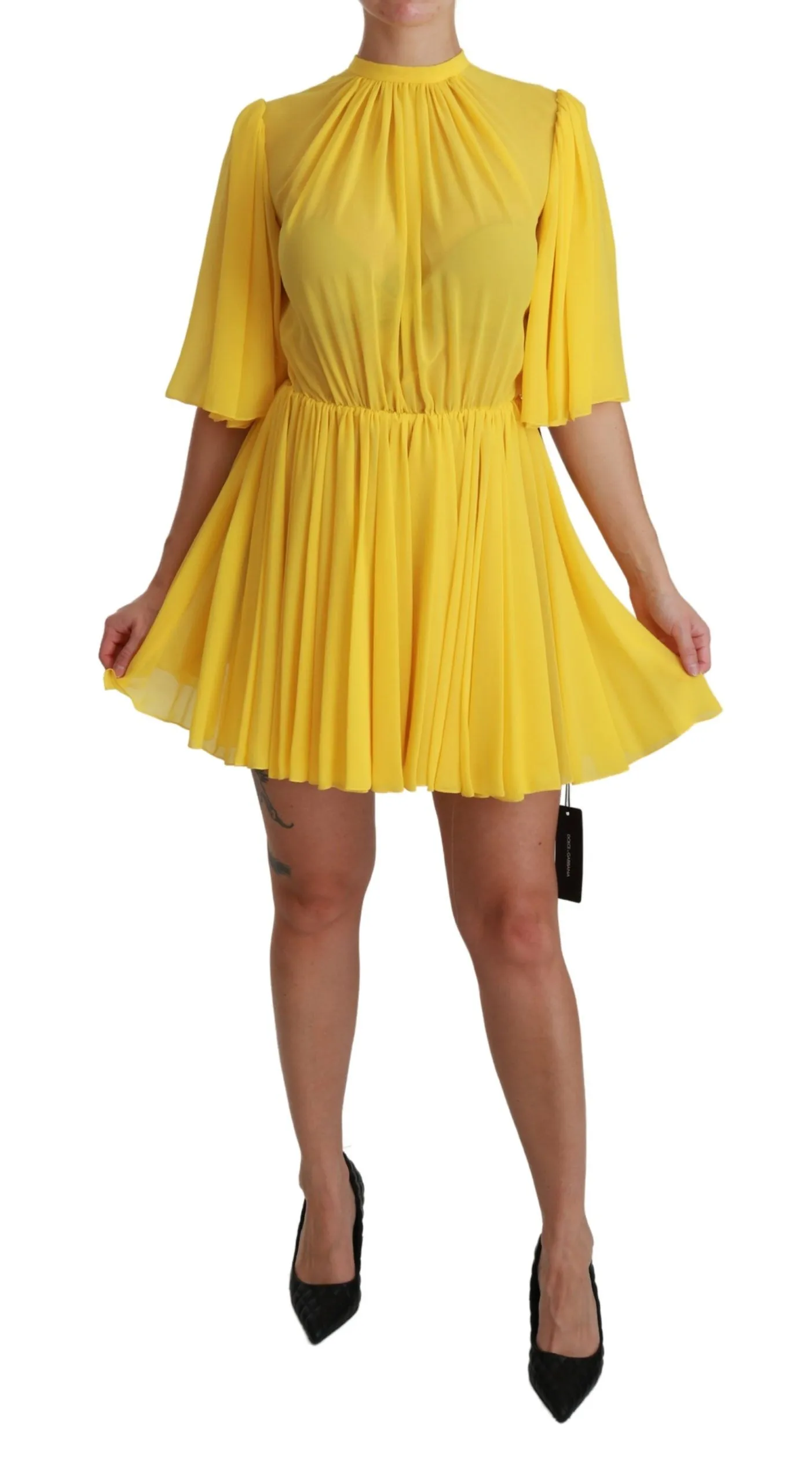 Dolce & Gabbana Women's Silk Pleated A-line Mini Dress in Sunshine Yellow