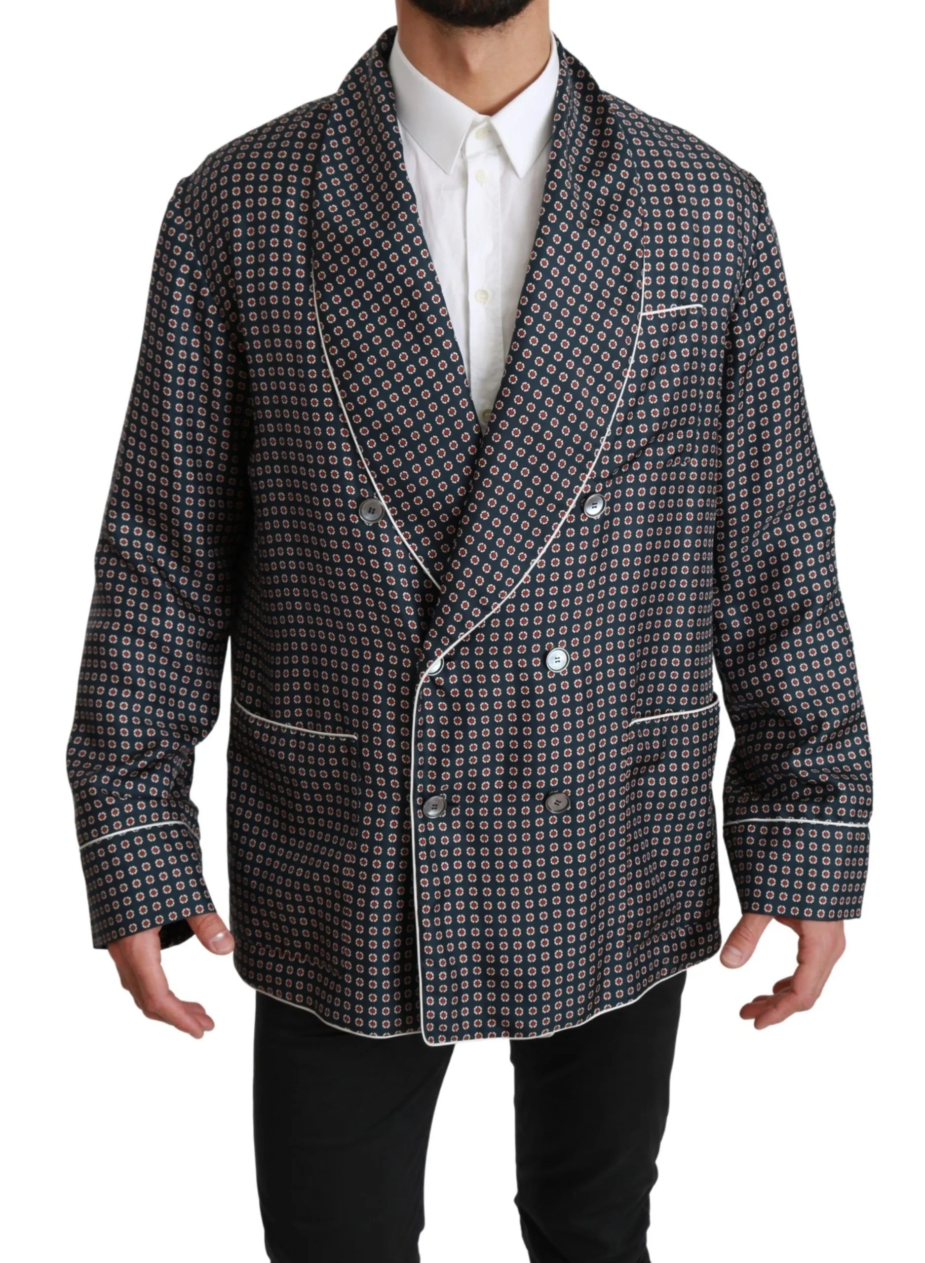Dolce & Gabbana Men's Elegant Navy Silk Double Breasted Coat