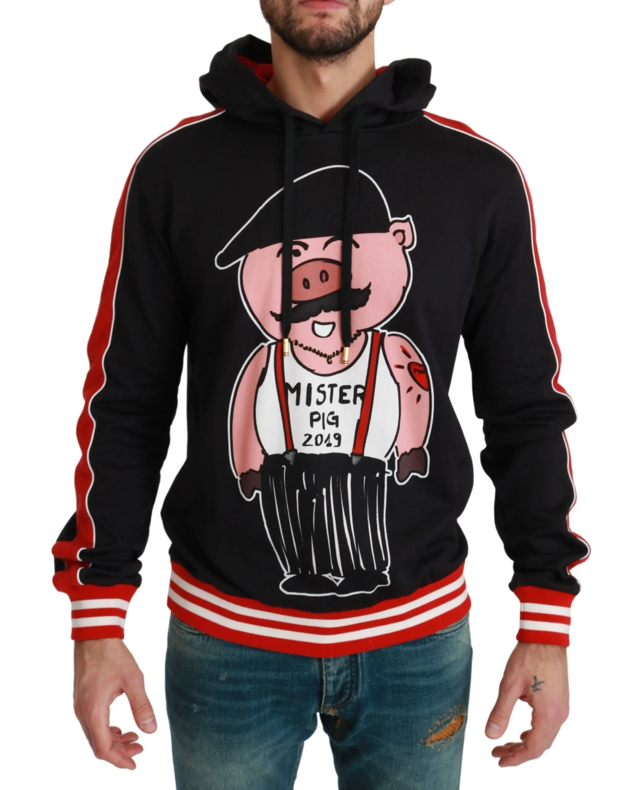 Dolce & Gabbana Men's Elegant Black Hooded Sweater with Multicolor Motif