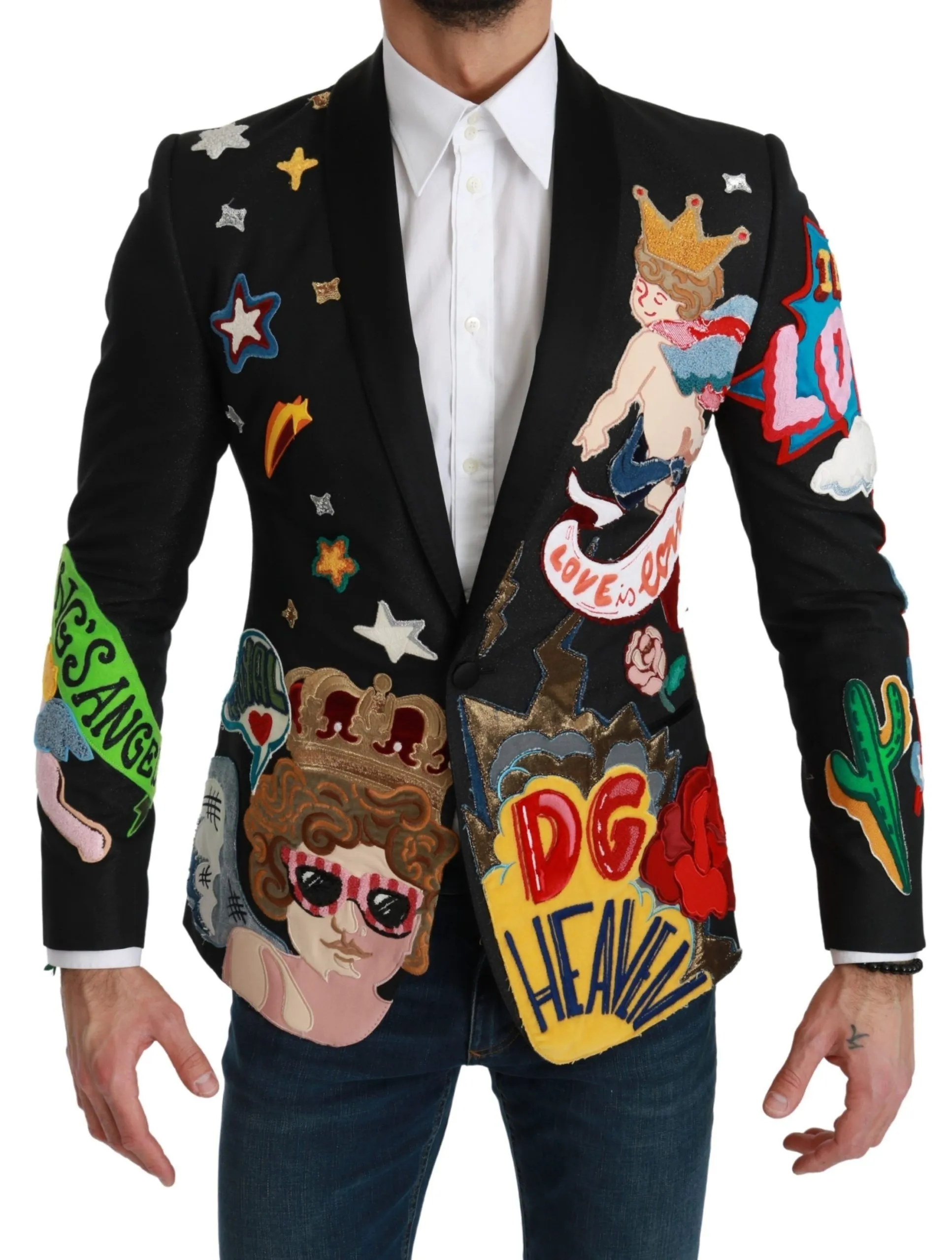 Dolce & Gabbana Men's Chic Black Multicolor Motif Slim Fit Blazer