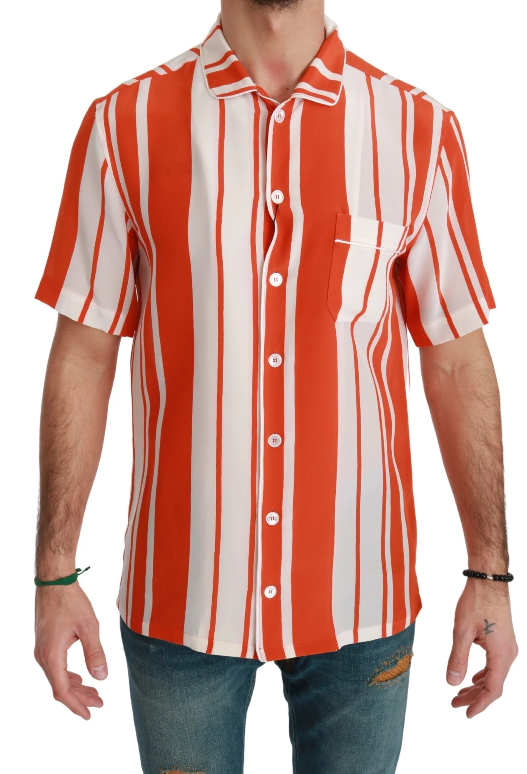 Dolce & Gabbana Men's Elegant Striped Silk Shirt - White & Orange