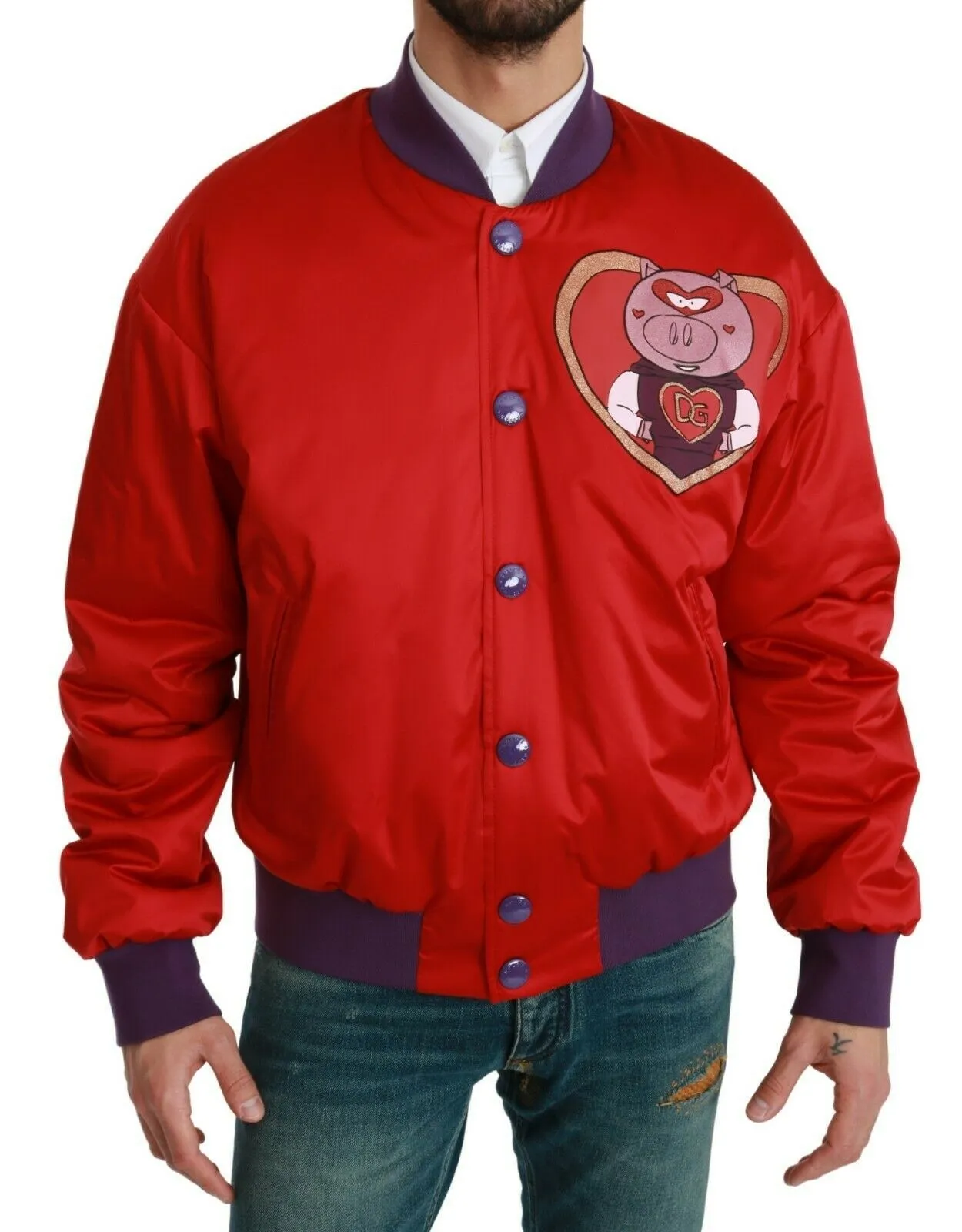 Dolce & Gabbana Men's Vibrant Red Bomber Jacket with Multicolor Motif
