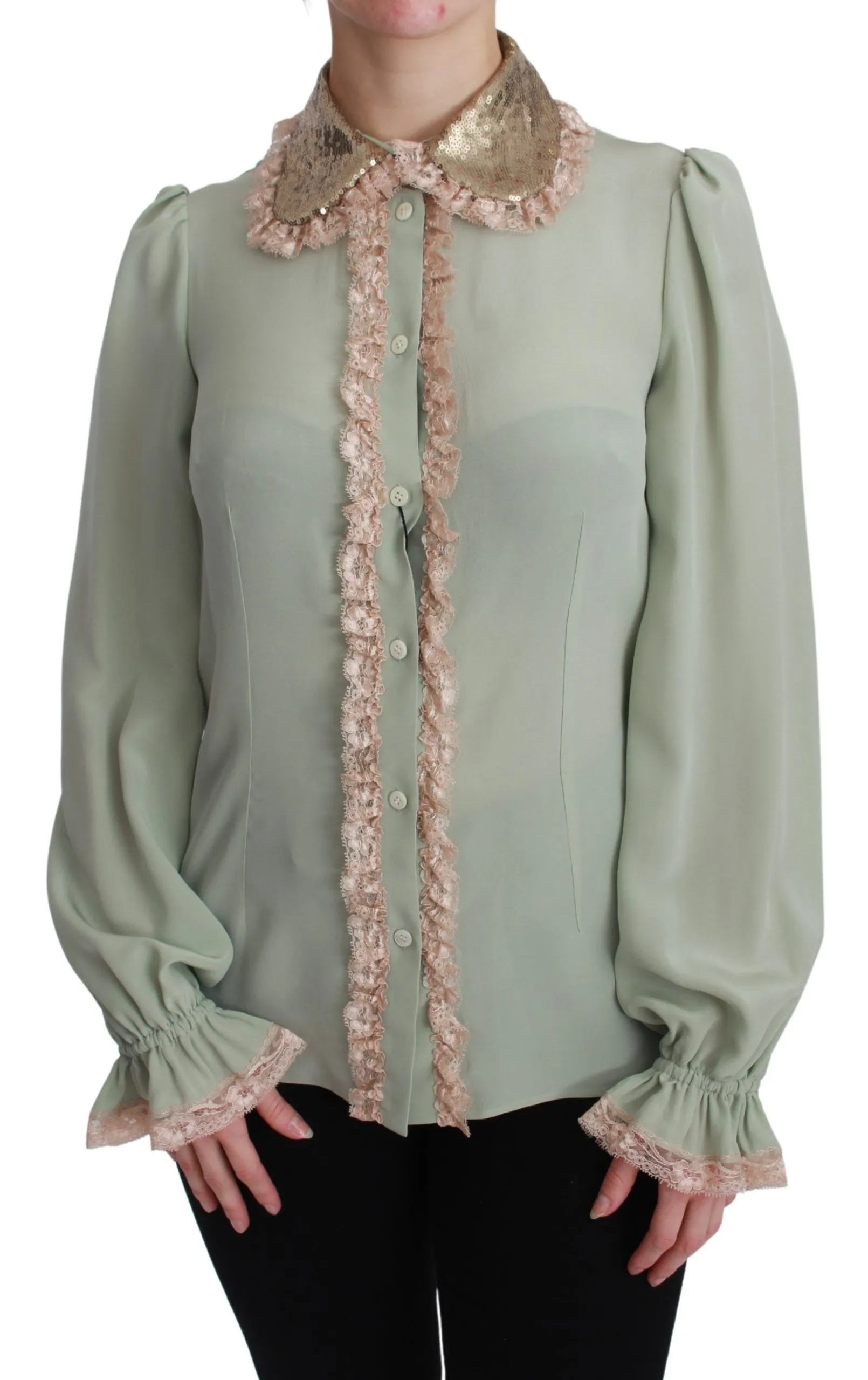 Dolce & Gabbana Women's Elegant Mint Green Silk Blend Sequin Collar Top