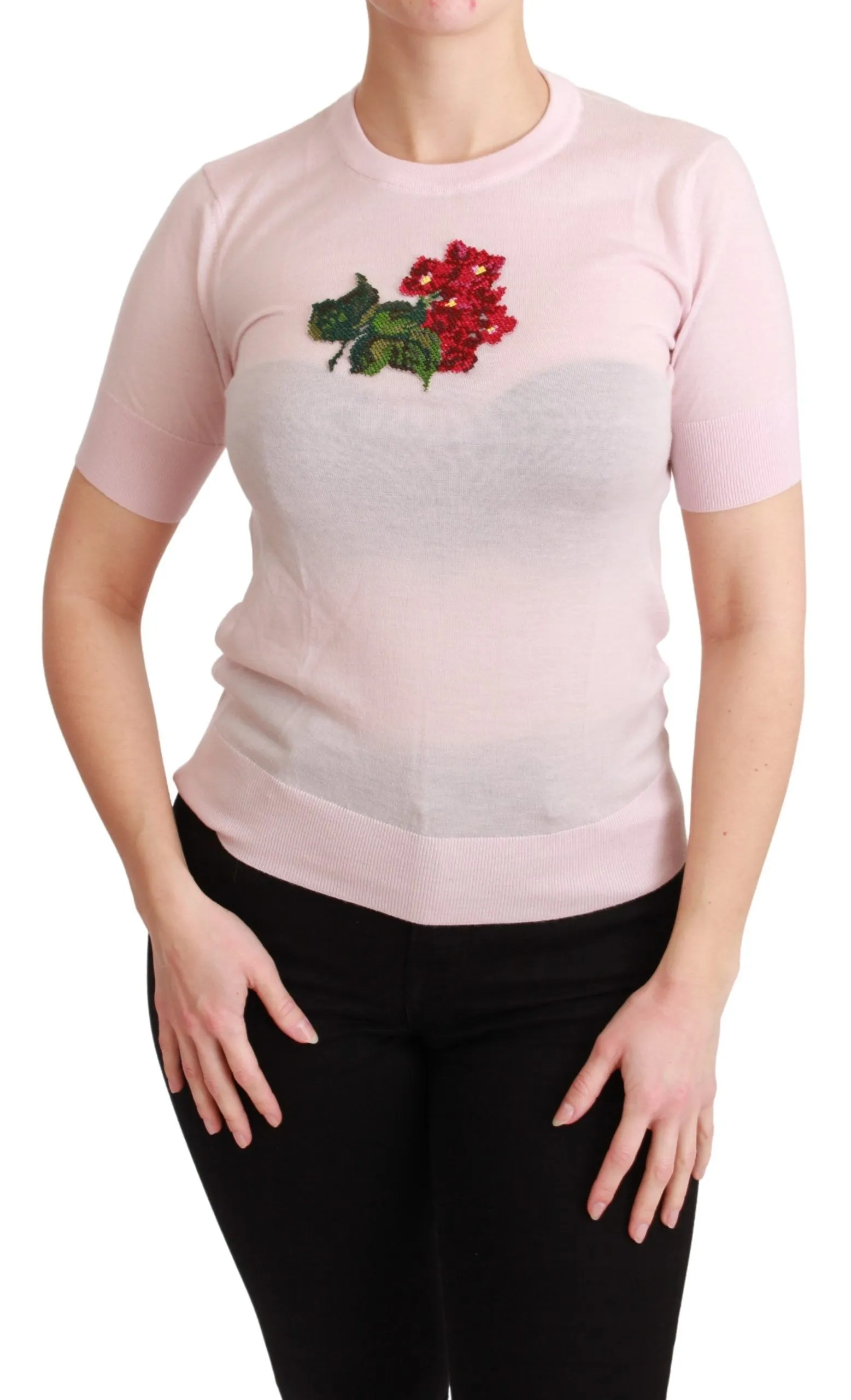 Dolce & Gabbana Women's Cashmere Floral Embroidered Short Sleeve Top