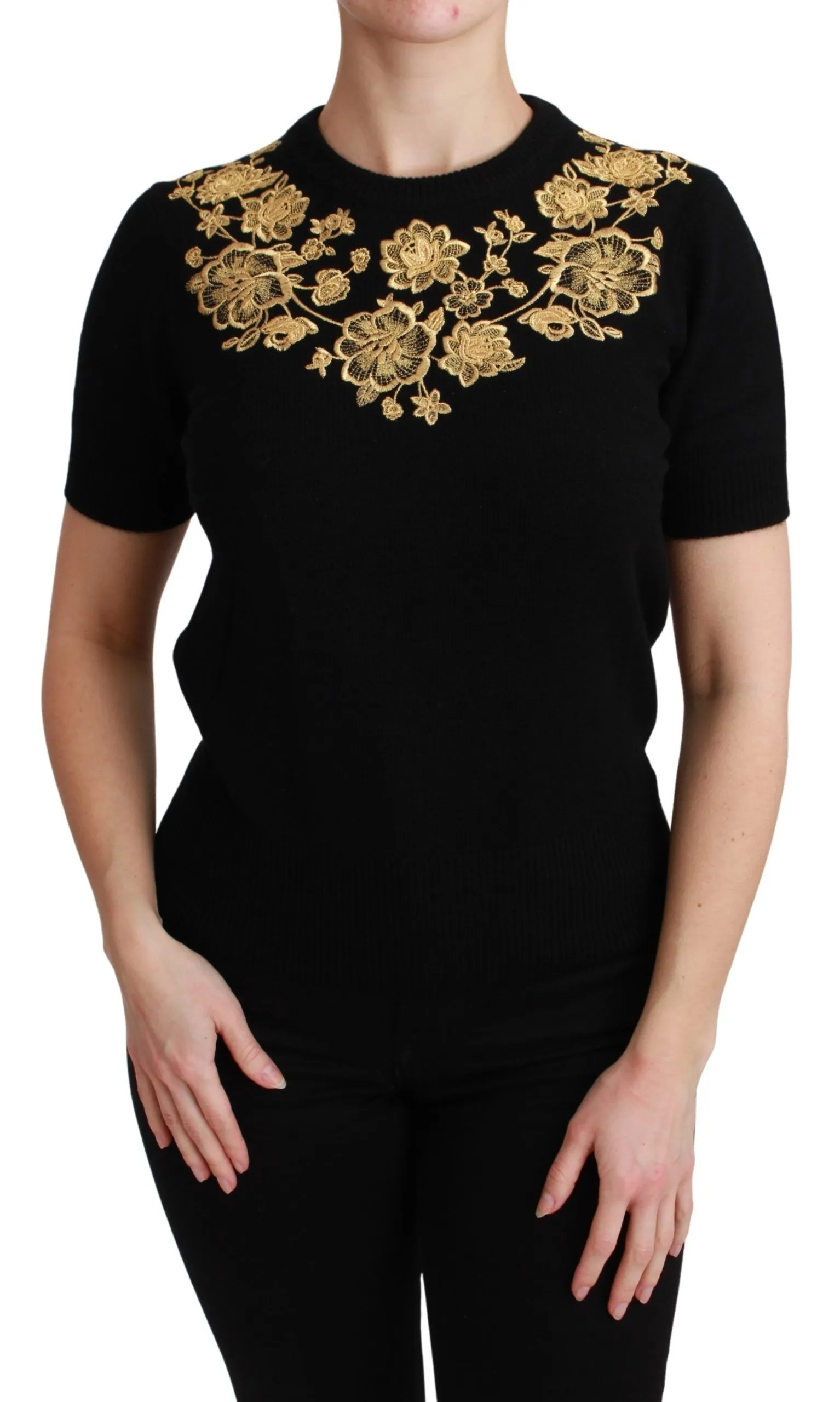 Dolce & Gabbana Women's Elegant Cashmere Sweater with Gold Lace Embroidery