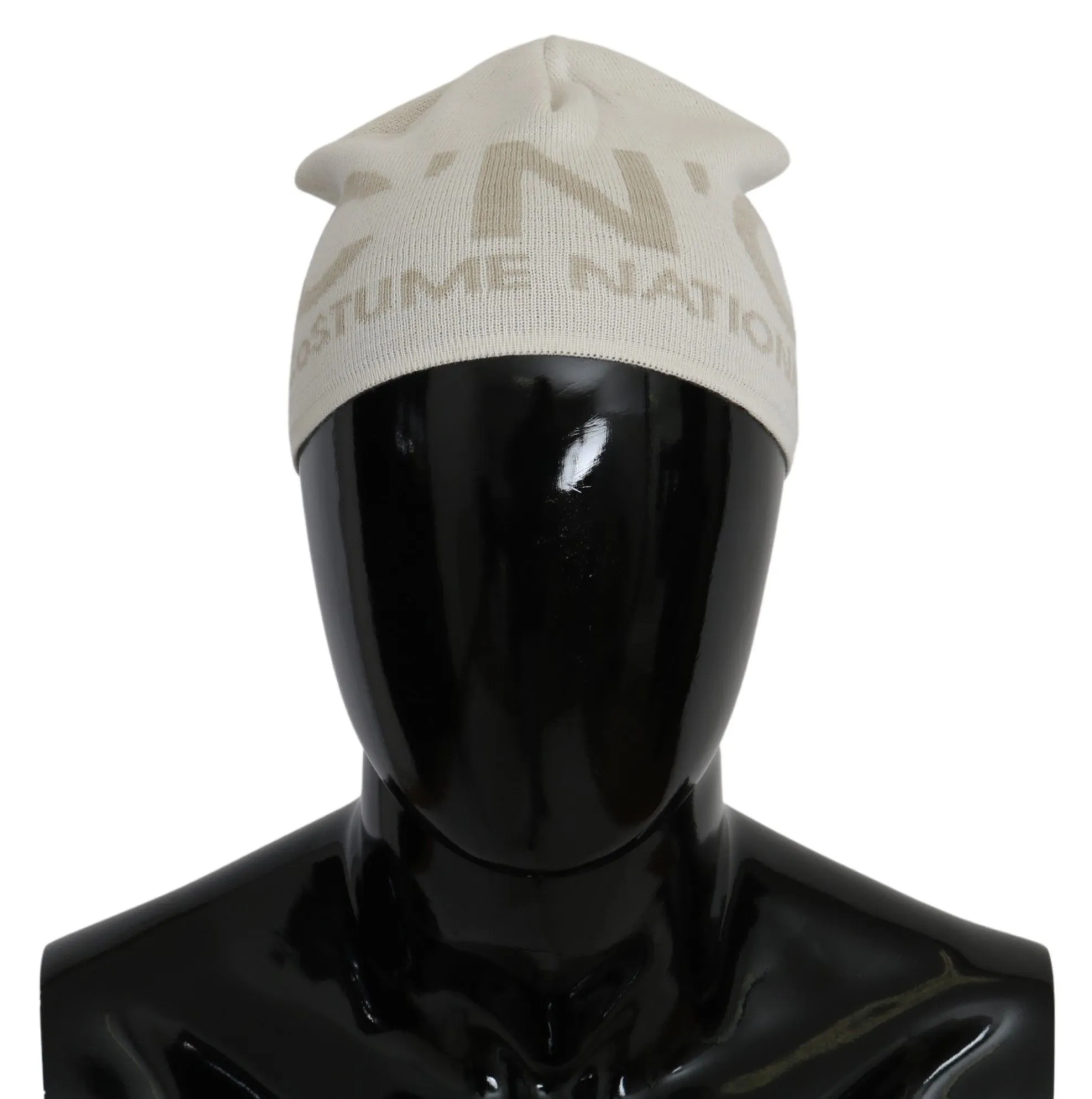 Costume National Men's Chic White Beanie with Beige Brand Detail