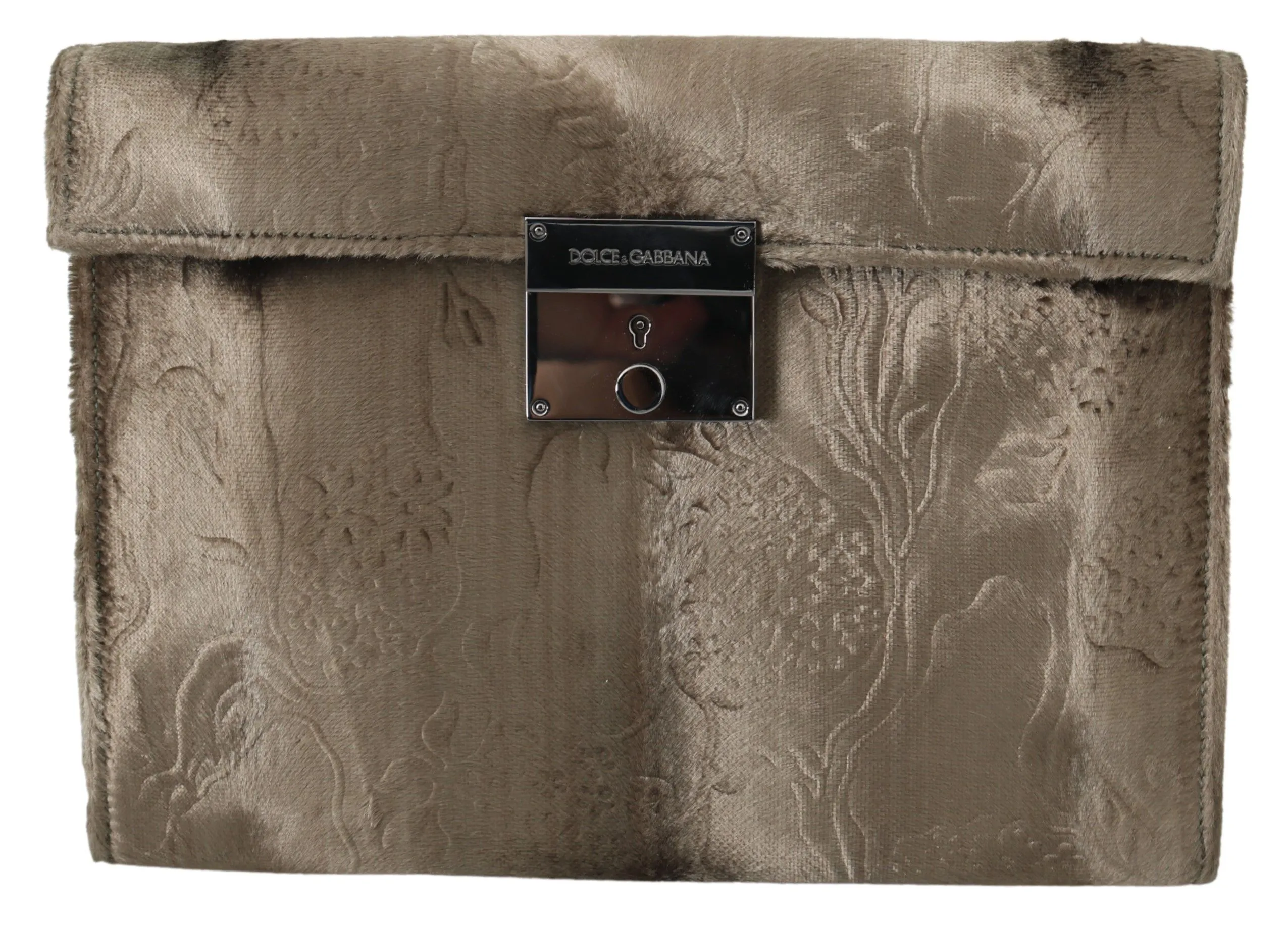 Dolce & Gabbana Men's Beige Velvet Croco-Print Leather Briefcase Clutch