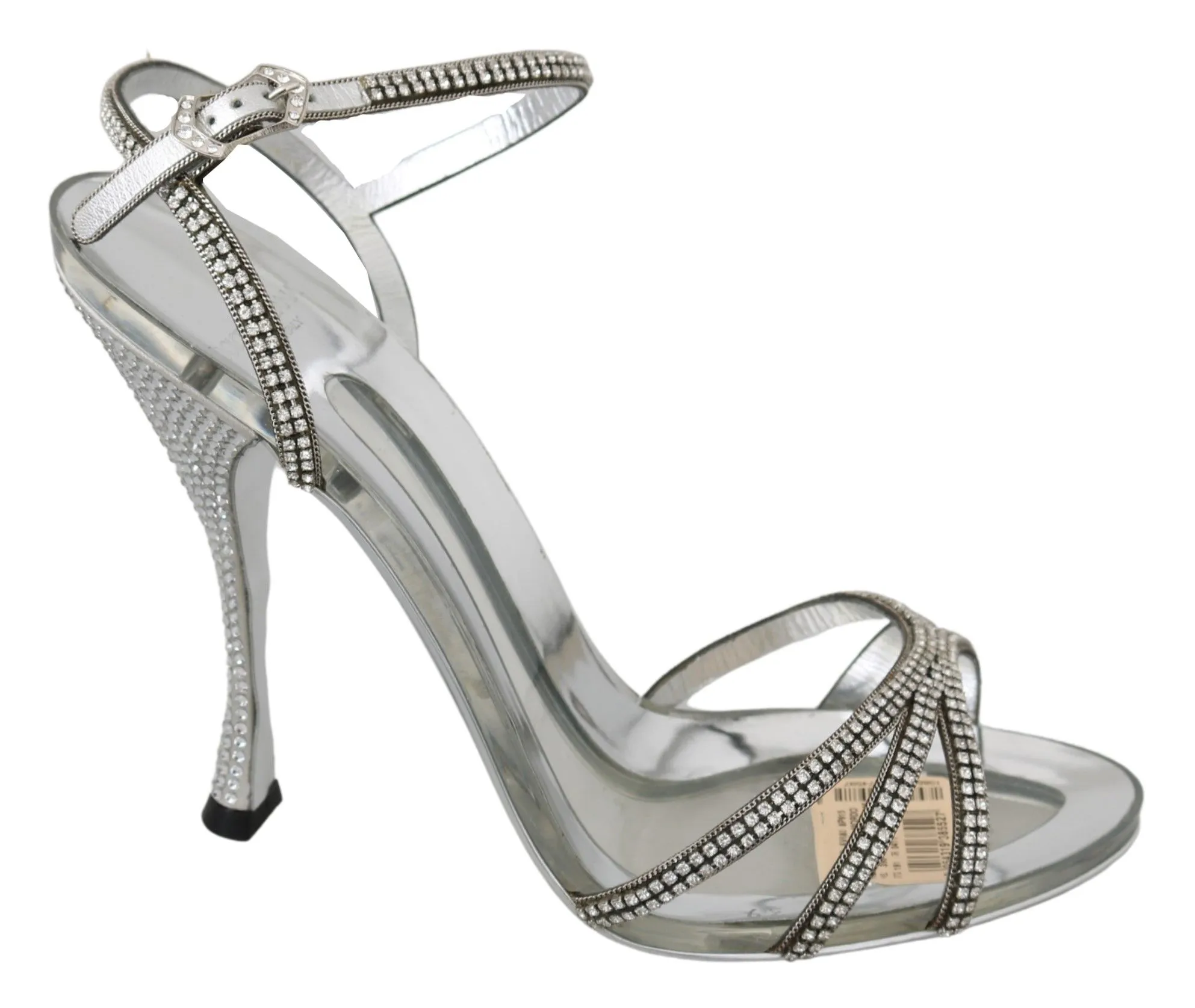 Dolce & Gabbana Women's Silver Leather Ankle Strap Sandals with Crystals