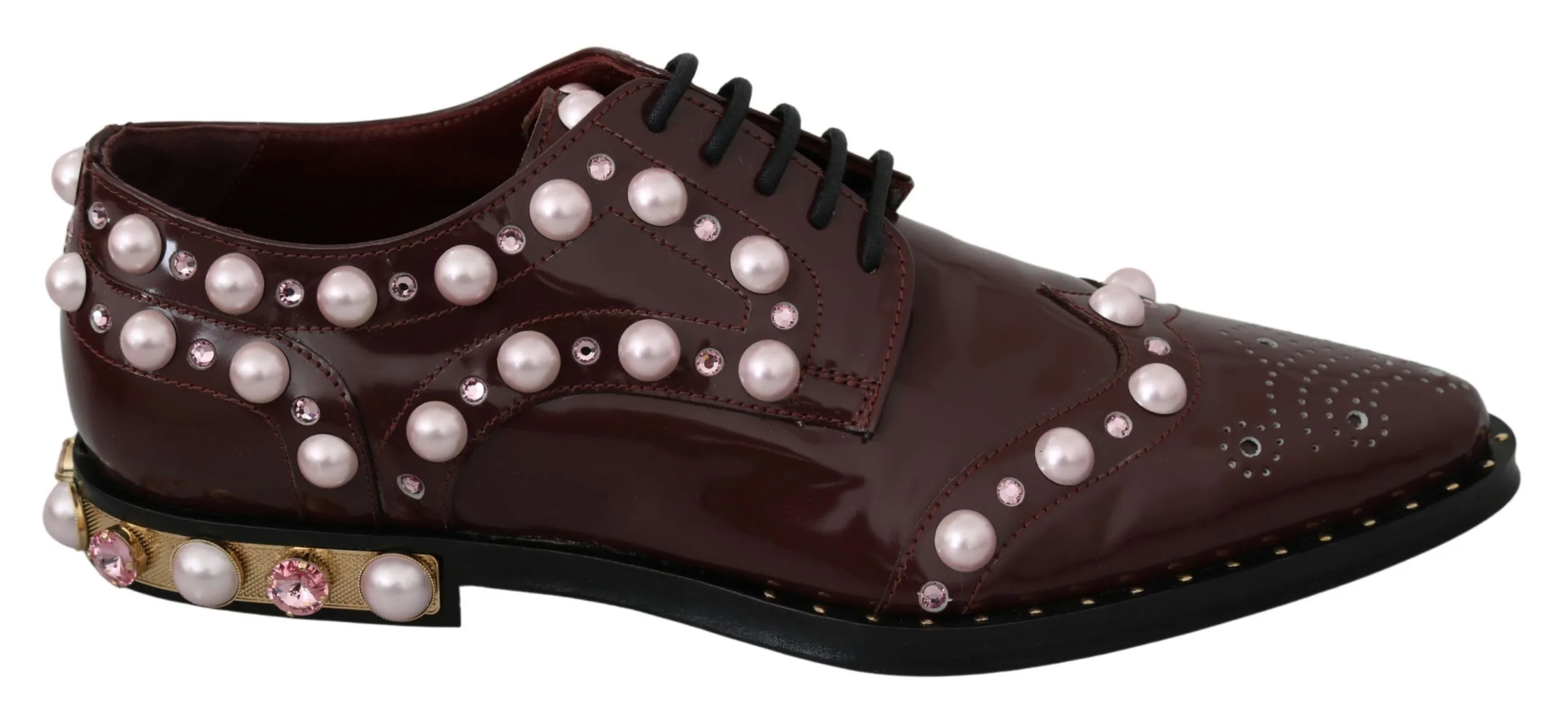 Dolce & Gabbana Women's Elegant Bordeaux Lace-Up Flats with Pearls and Crystals