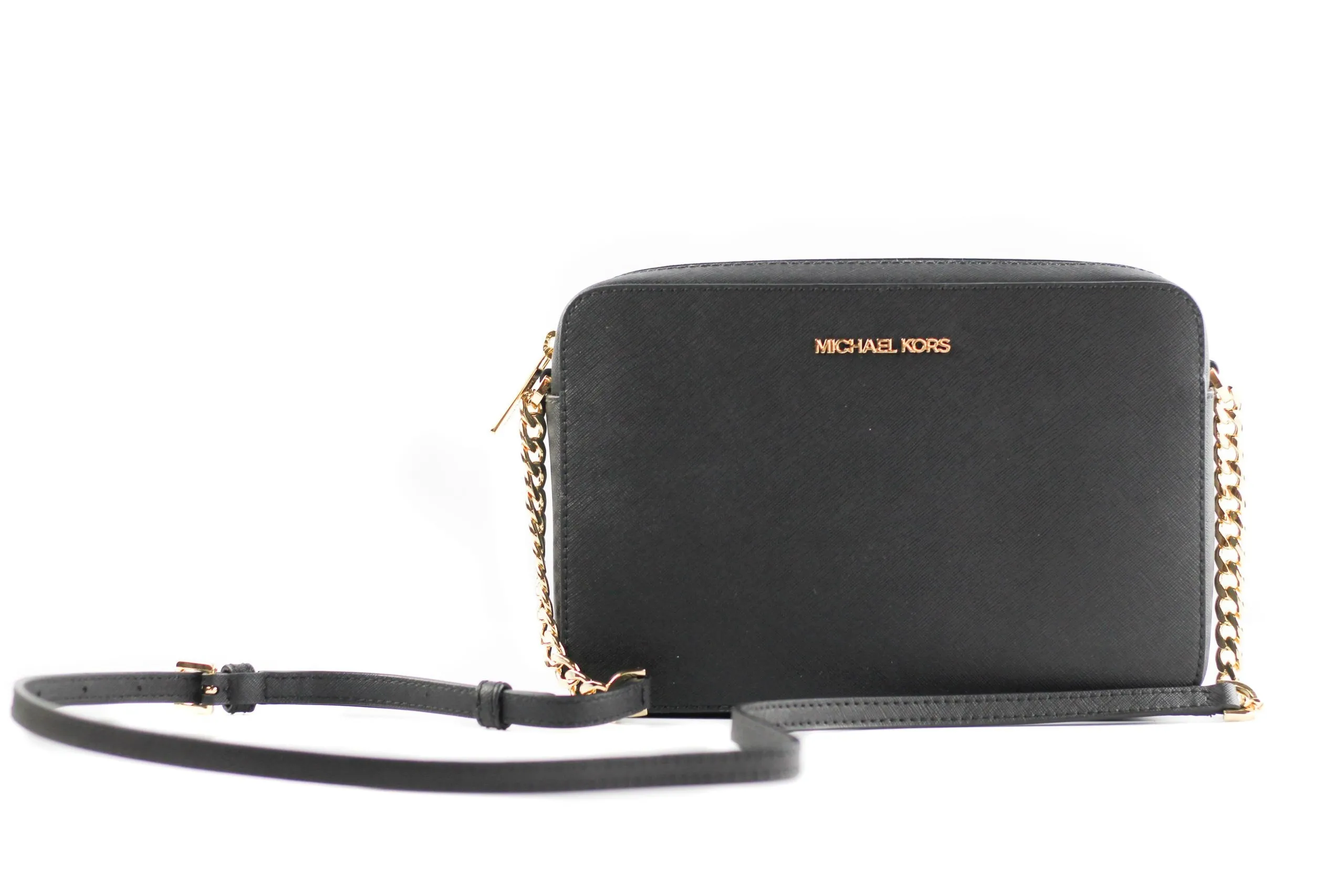 Michael Kors Women's Jet Set Large East West Saffiano Leather Crossbody Bag Handbag (Black Solid/Gold Hardware)