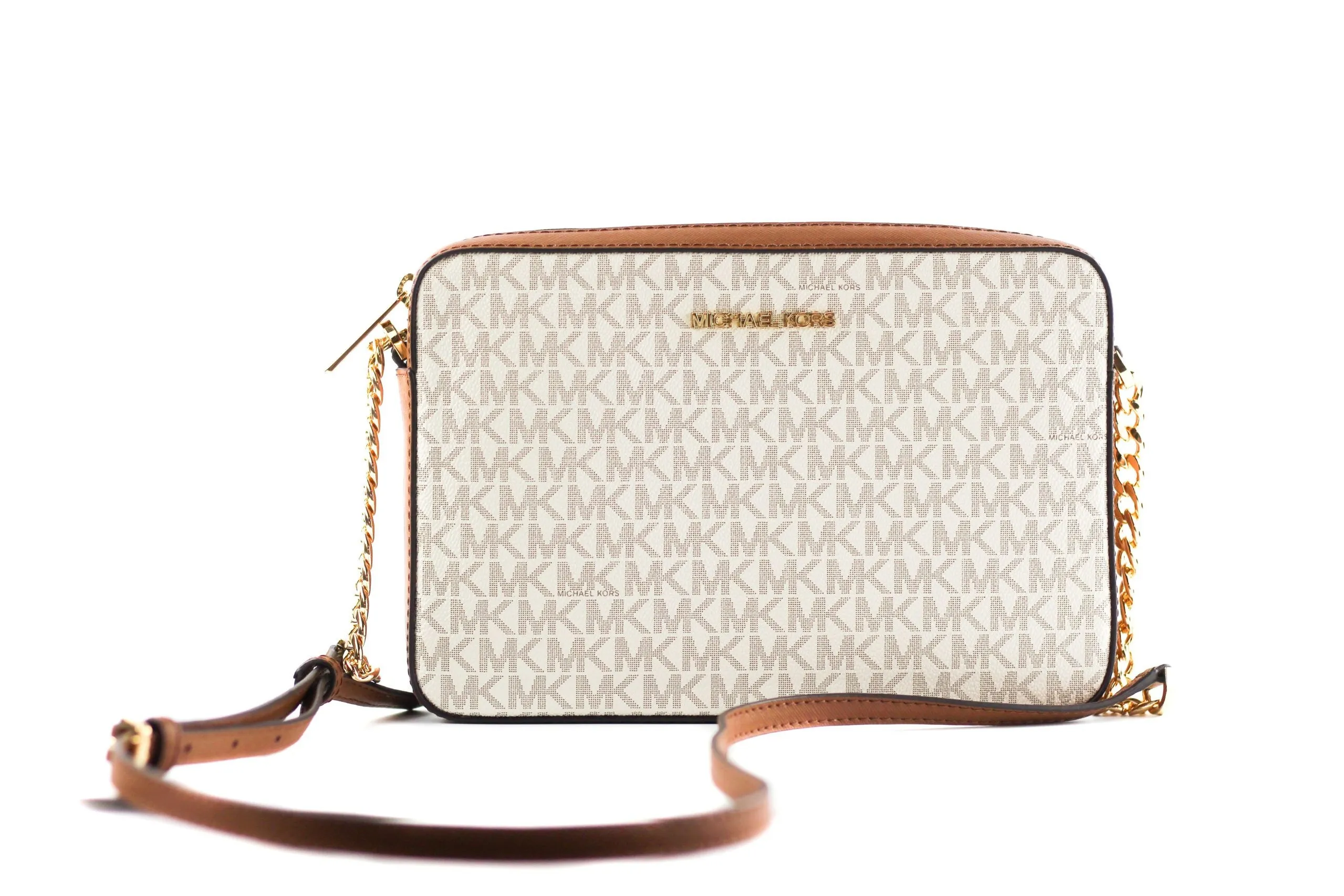 Michael Kors Women's Jet Set Large East West Saffiano Leather Crossbody Bag Handbag (Vanilla Signature)