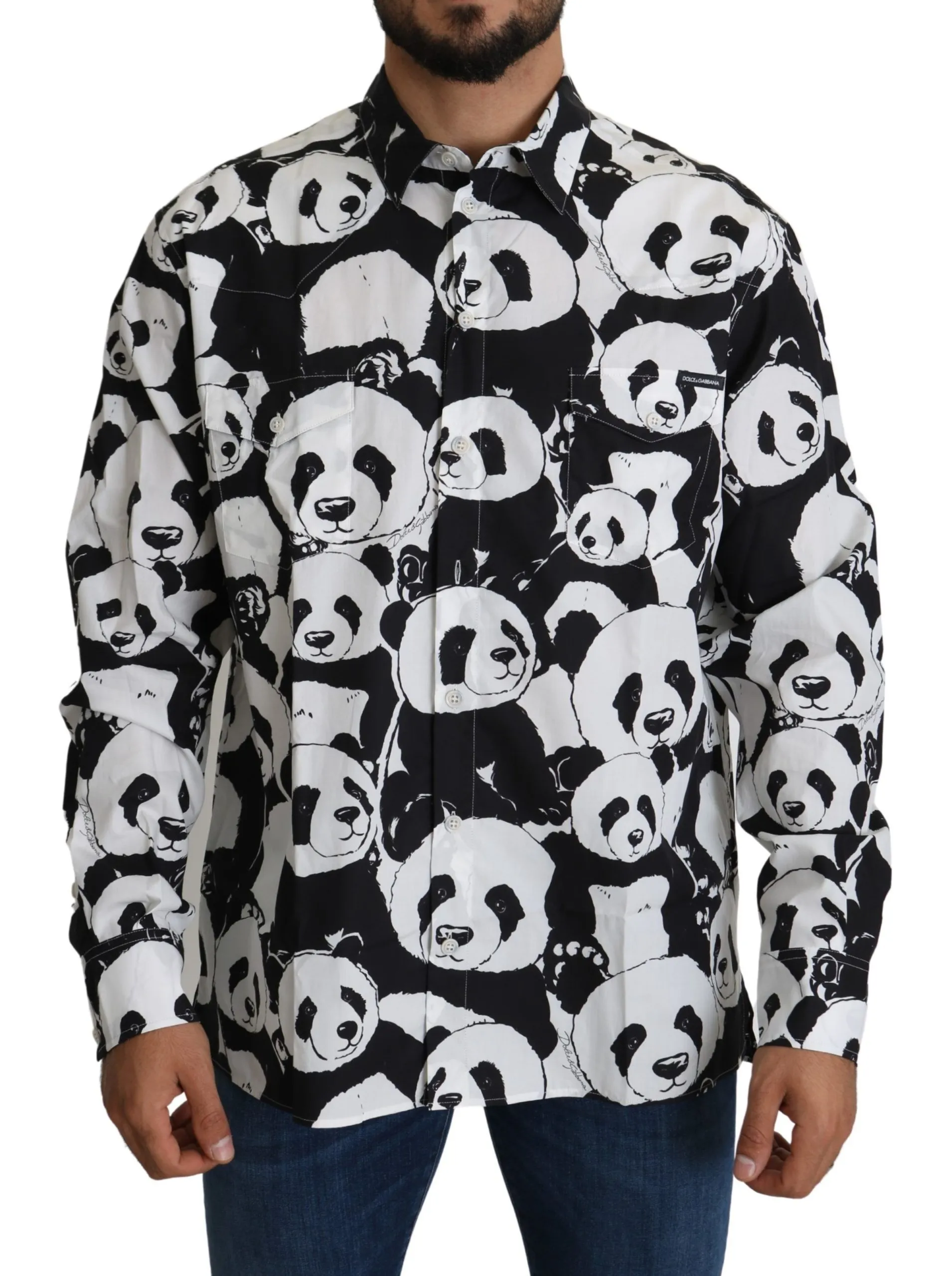 Dolce & Gabbana Men's Panda Print Pure Cotton Shirt - Black White