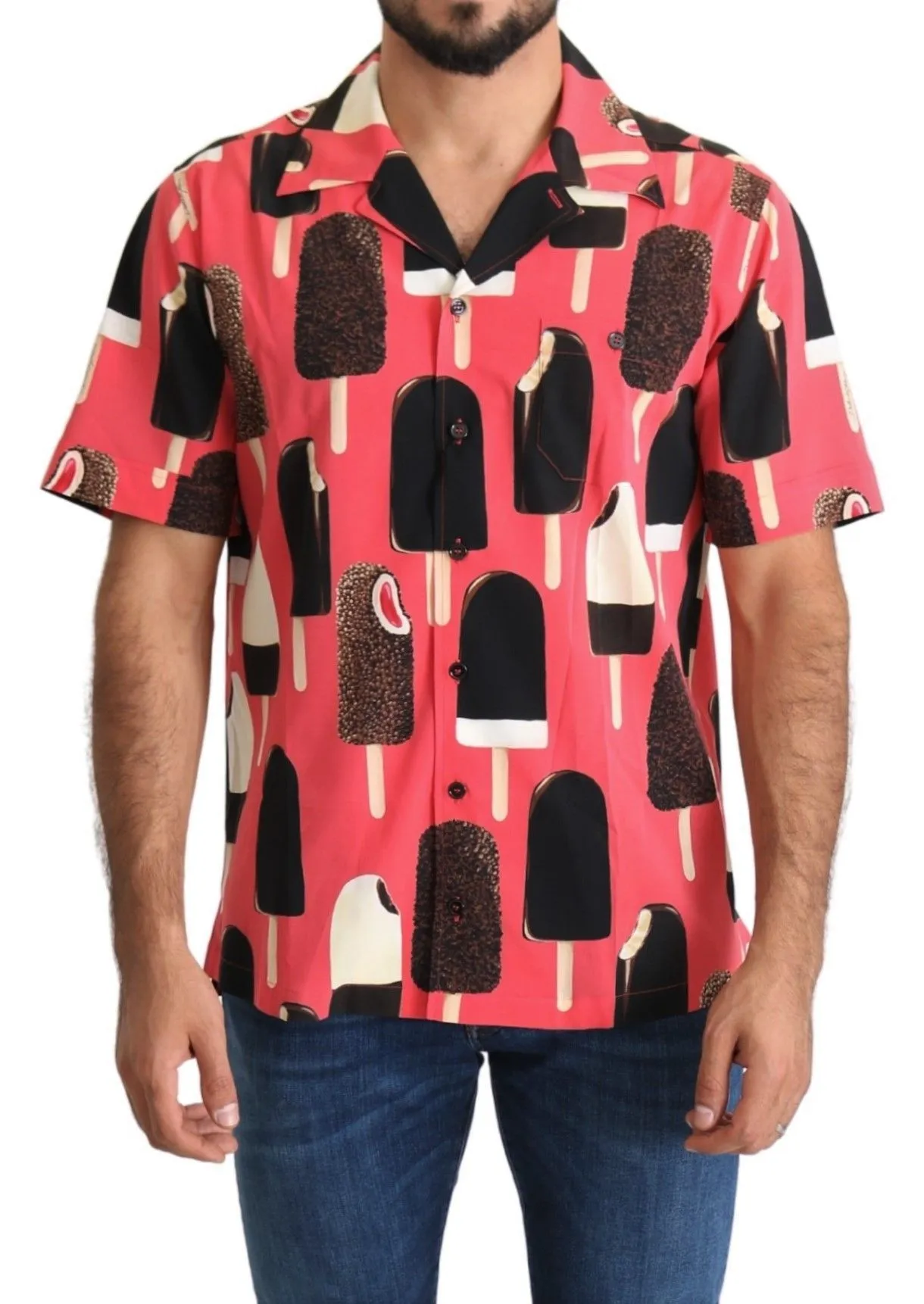 Dolce & Gabbana Men's Chic Pink Ice Cream Print Silk Shirt
