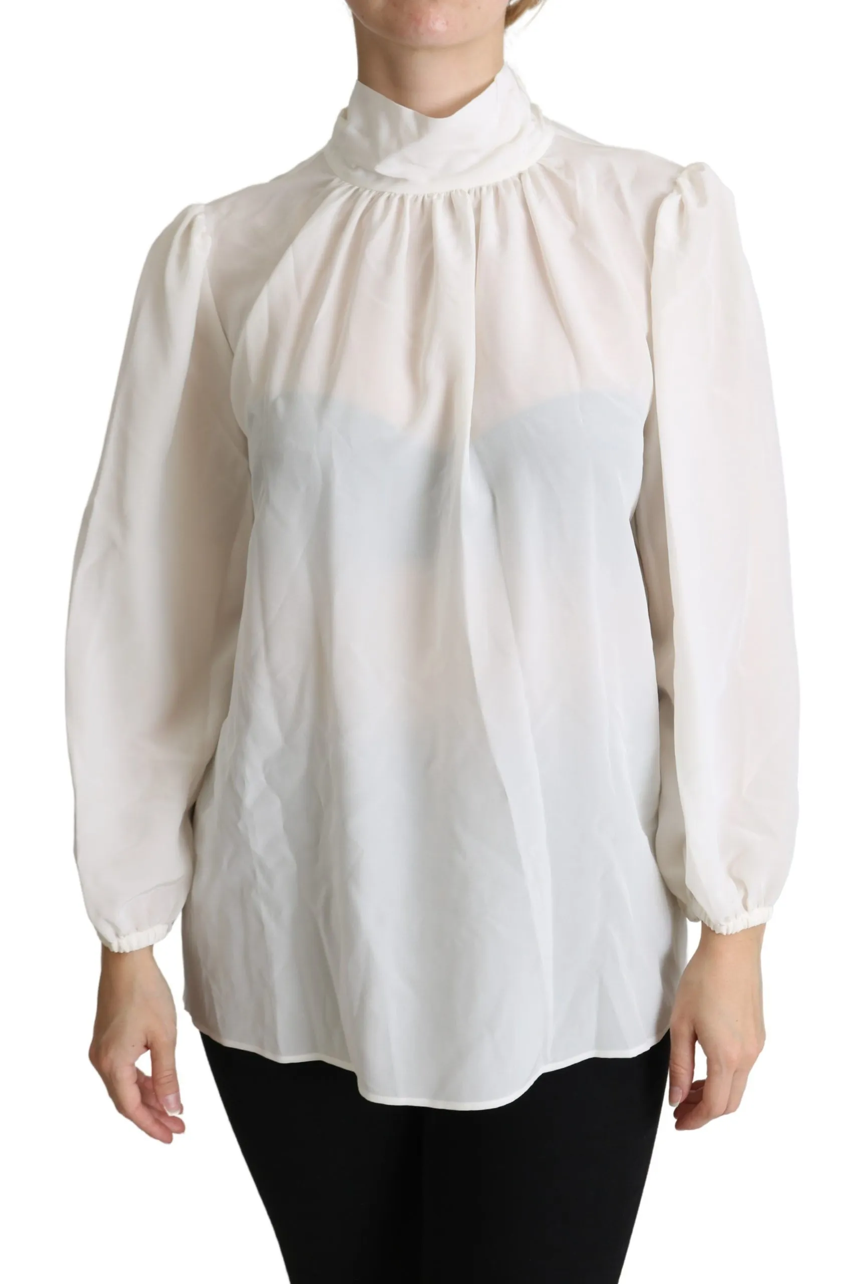 Dolce & Gabbana Women's Elegant White Silk Pussy Bow Blouse