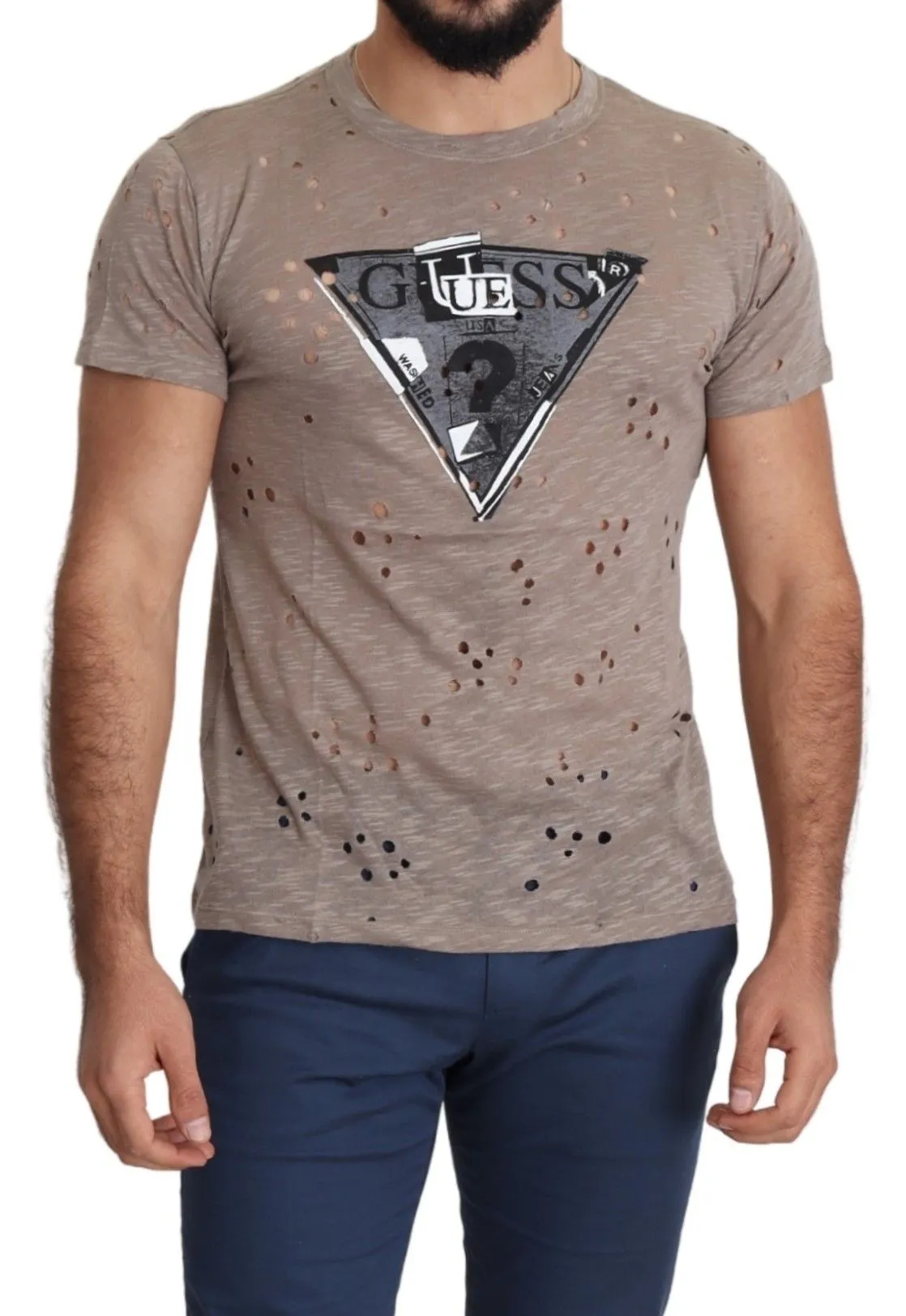 Guess Men's Chic Brown Cotton Stretch Round Neck Tee