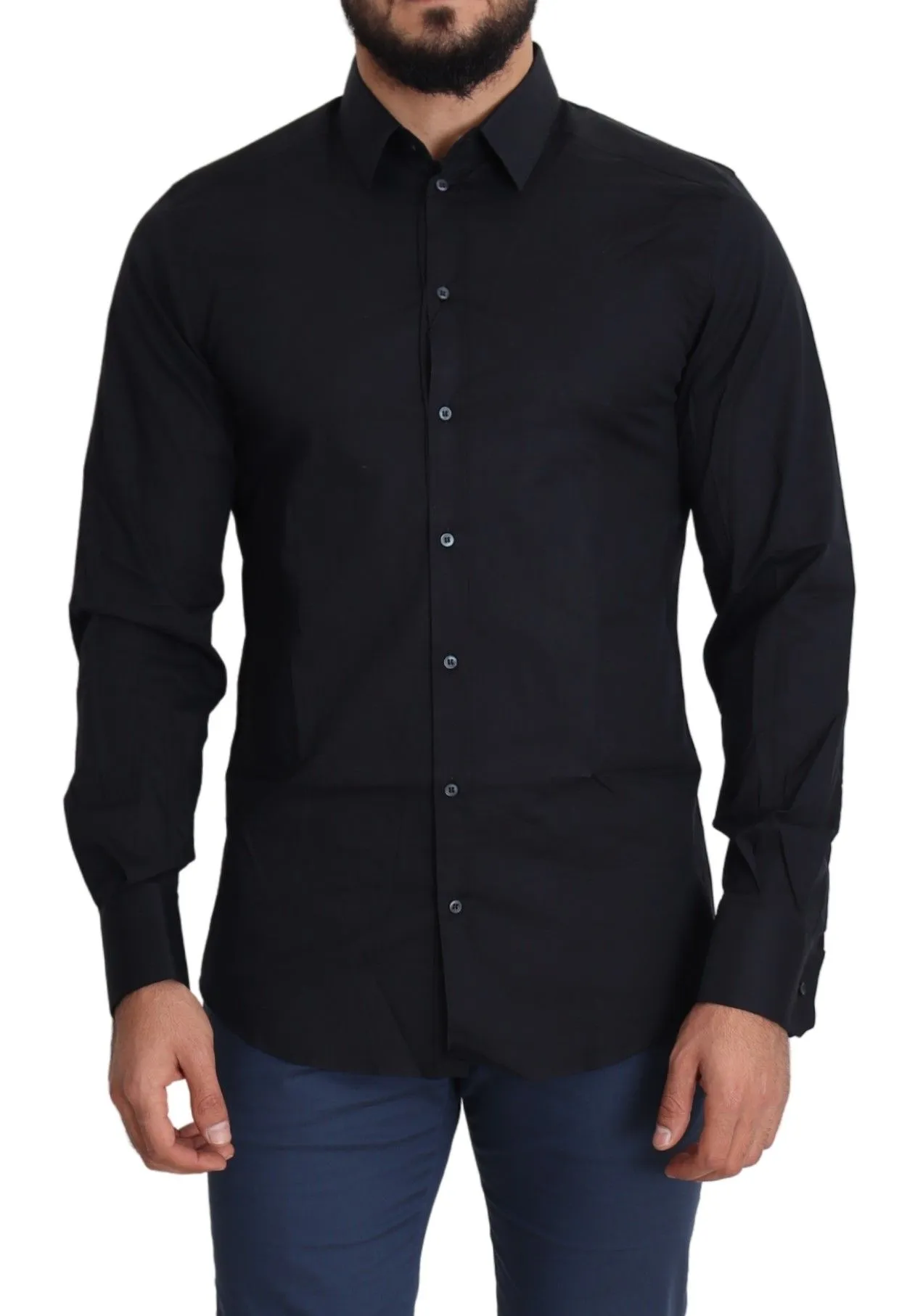 Dolce & Gabbana Men's Sleek Black Slim Fit Cotton Stretch Dress Shirt